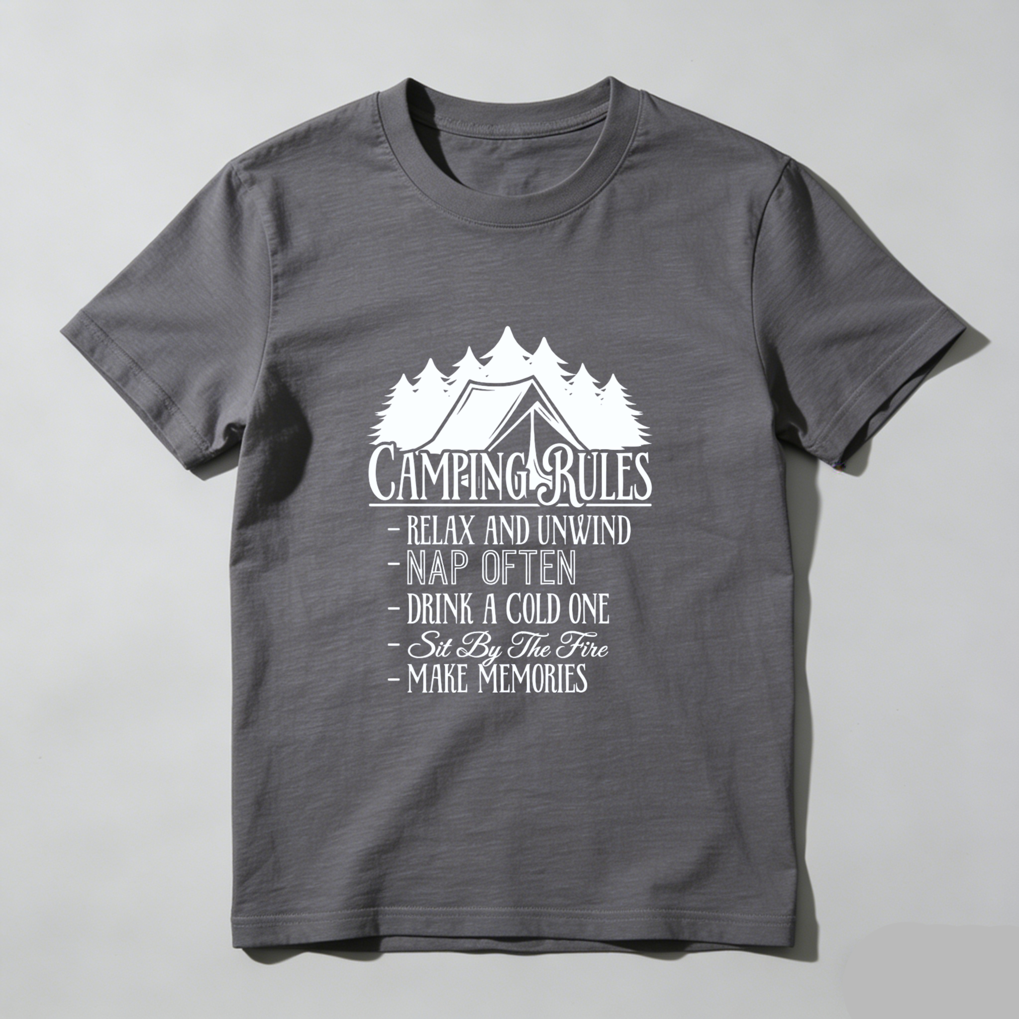 TEECURENT Camping Rules T Shirt Relax And Unwind Nap Often Drink A Cold One Sit By The Fire Make Memories Outdoor Adventure Tee WOMEN
