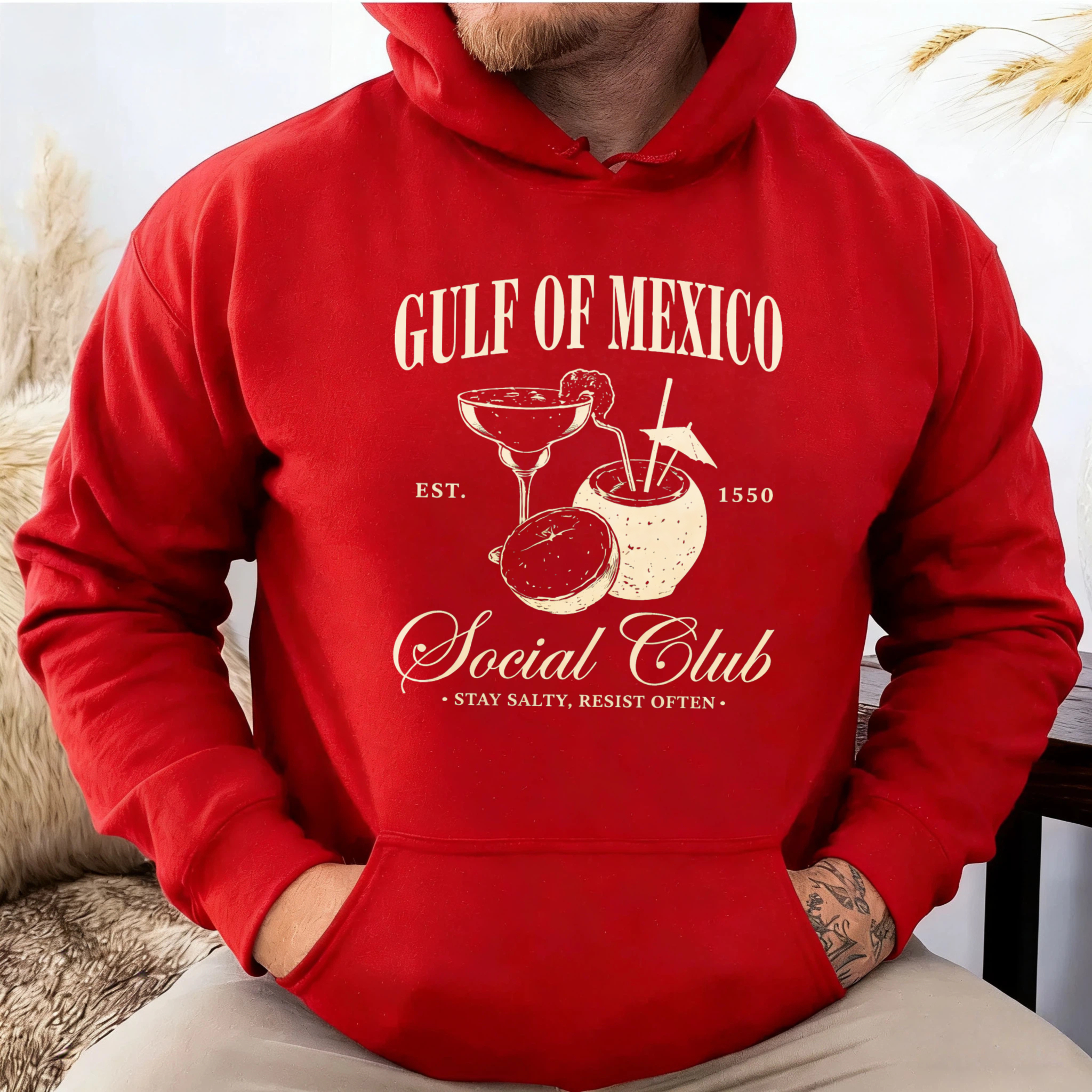 TEECURENT Gildan Gulf Of Mexico Social Club Hoodie Est 1550 Stay Salty Resist Optn Cocktail Design Black Sweatshirt