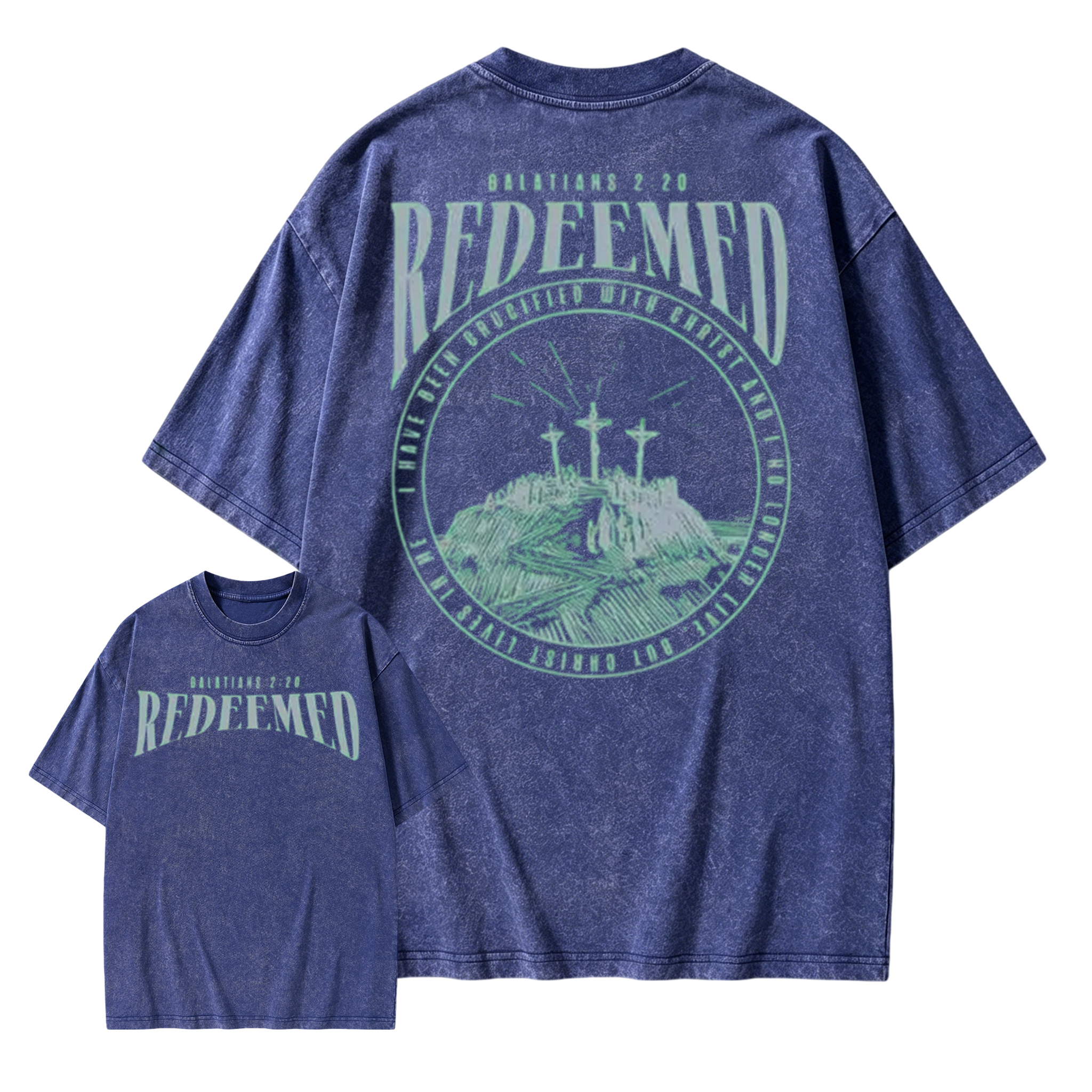 Washed Short Sleeved Double-Sided Printed T-Shirt, 100% Pure Cotton, Printed With "Redemption Christianity". Retro Hip-Hop Style