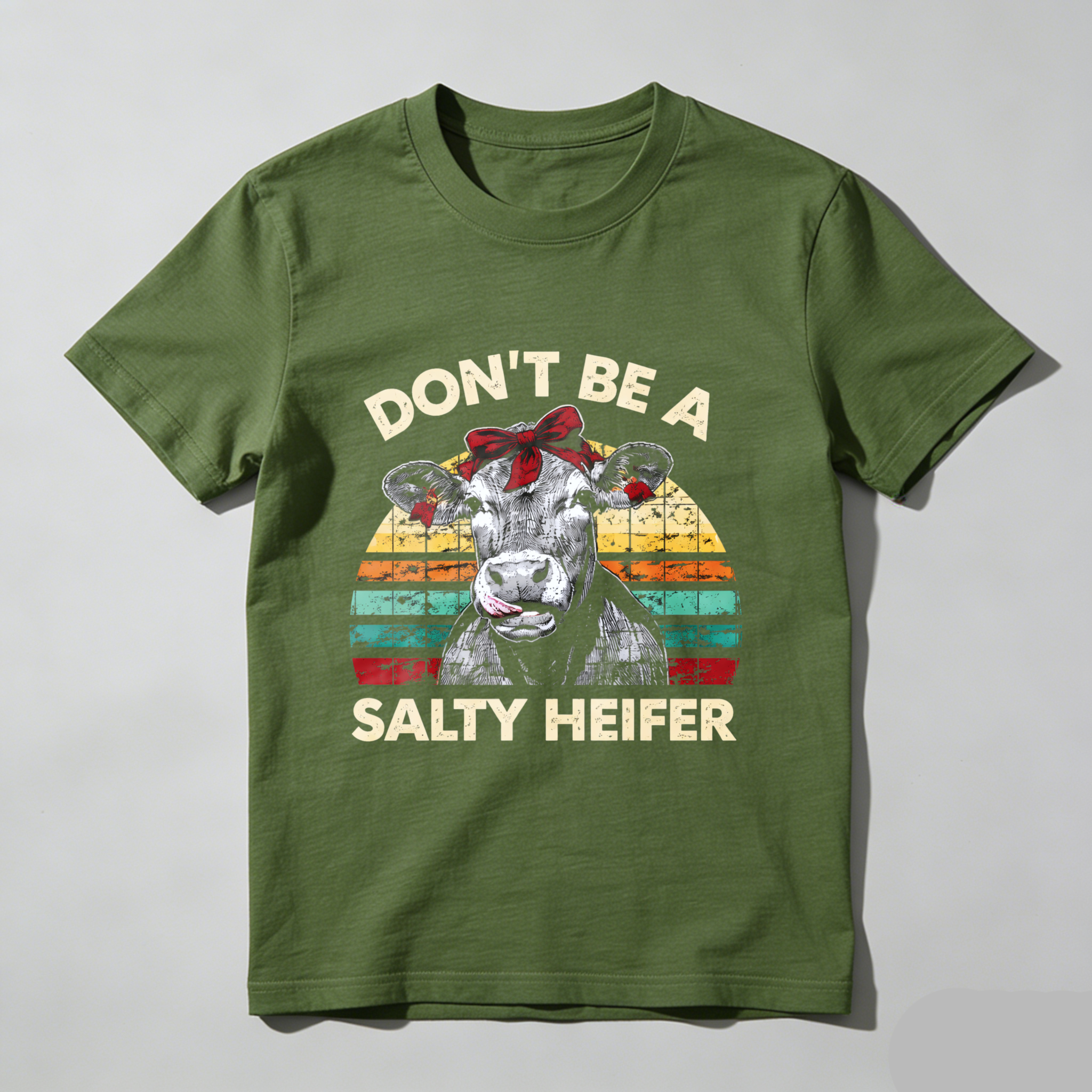 TEECURENT Dont Be A Salty Heifer Vintage Cow Graphic T-Shirt Funny Farm Animal Humor Shirt WOMEN