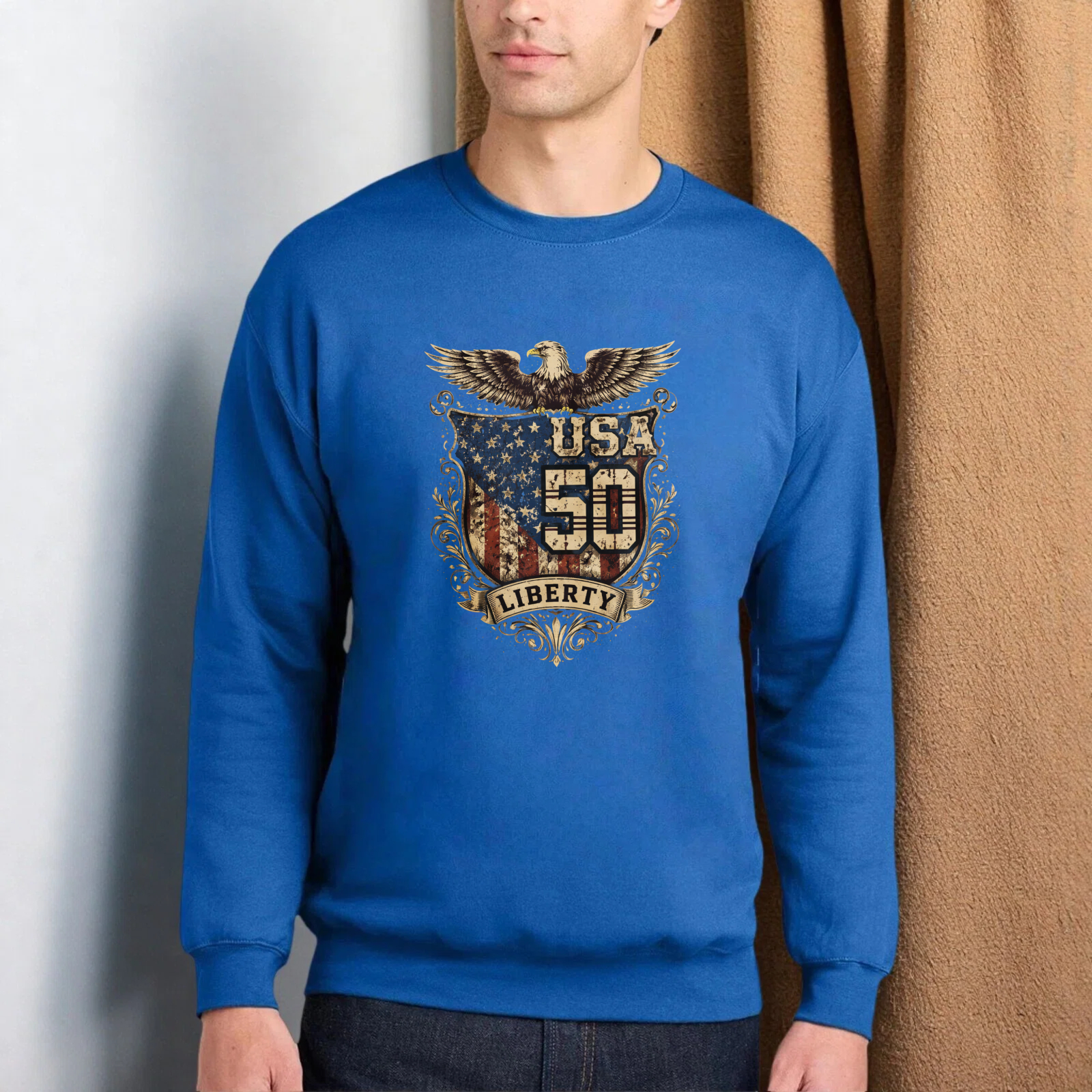 Usa 50 Liberty Eagle American Flag Sweatshirt Crewneck Pullover Long Sleeve Black