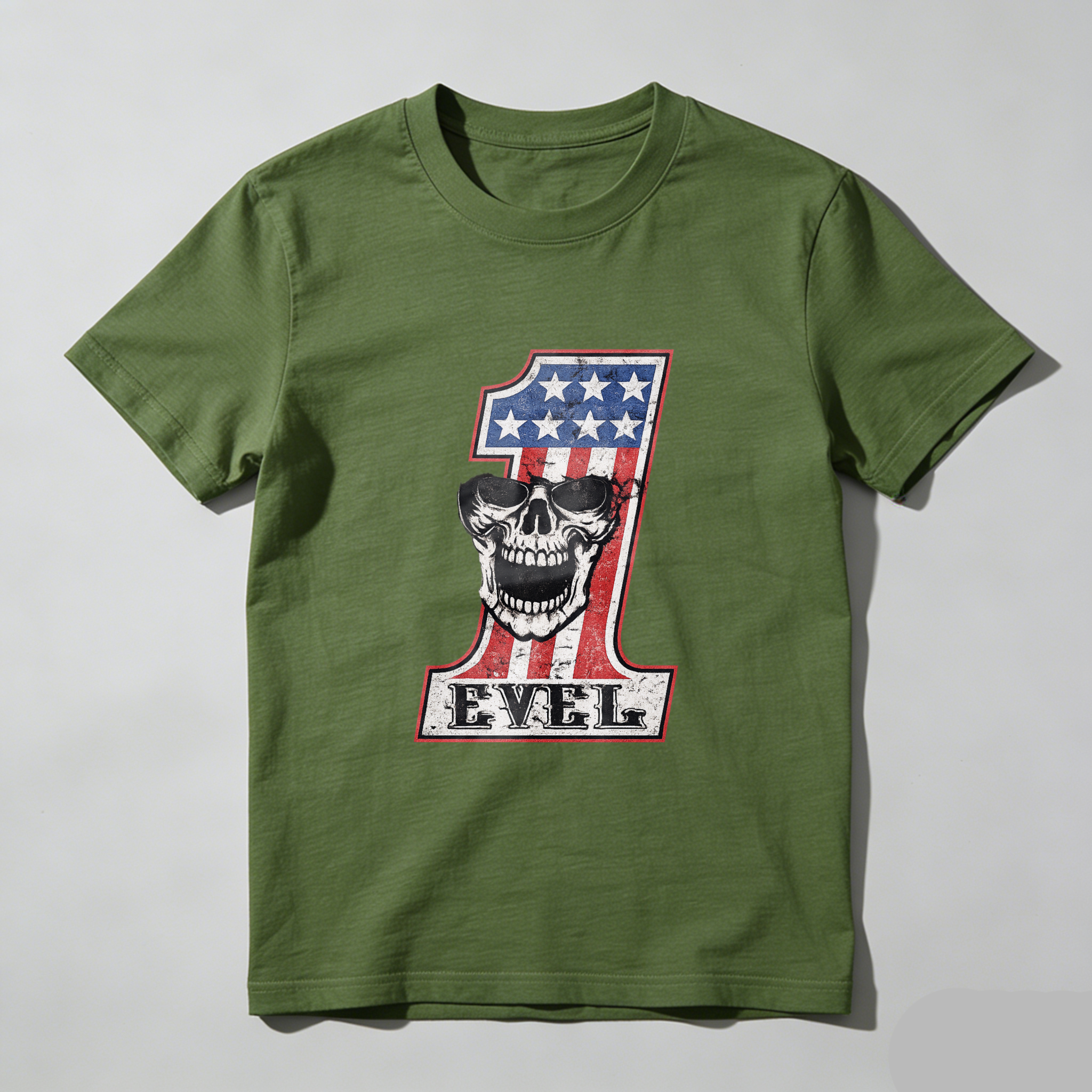 Level One American Flag Skull Design Black T-Shirt Made In Usa
