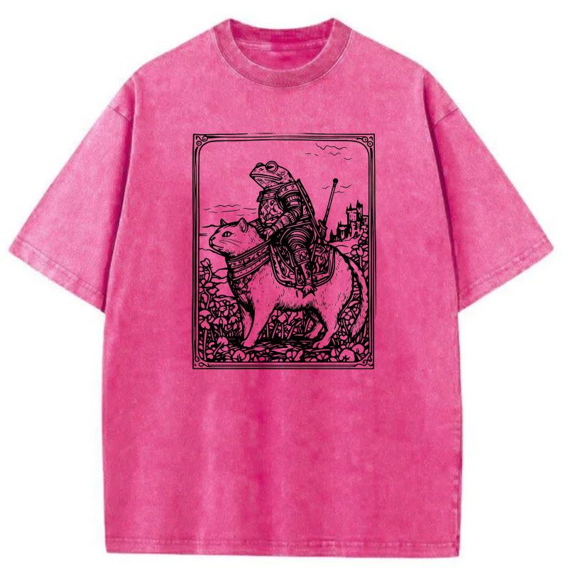 Knight Riding Cat With Castle Background tshirt 100% cotton