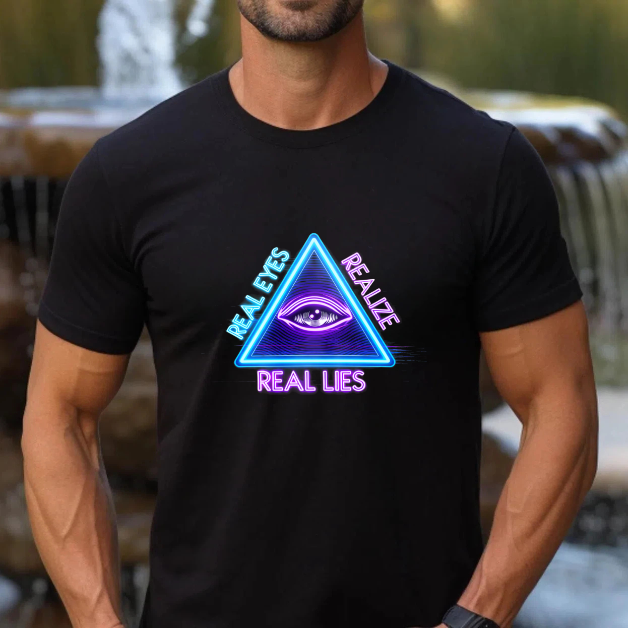 TEECURENT  Real Eyes Realize Real Lies Neon Triangle Eye Design TEECURENT