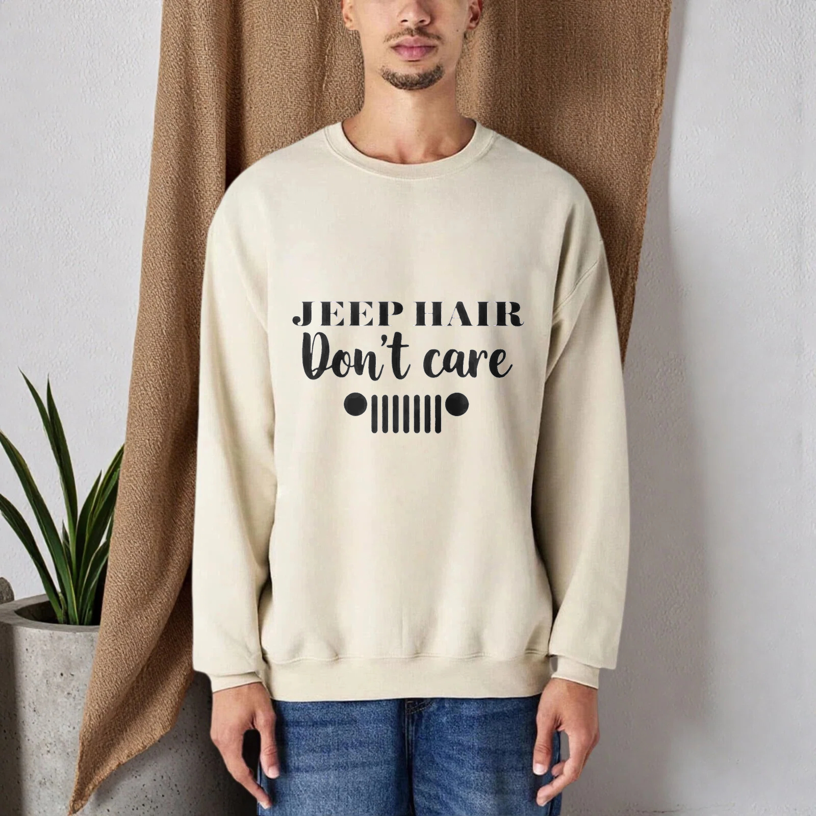 TEECURENT Jeep Hair Dont Care Sweatshirt Unisex Crewneck Pullover Long Sleeve Casual Graphic Shirt For Men Women Outdoor Adventure Fashion Top