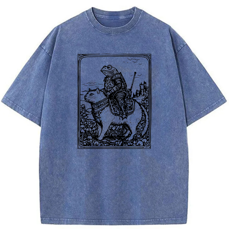 Knight Riding Cat With Castle Background tshirt 100% cotton
