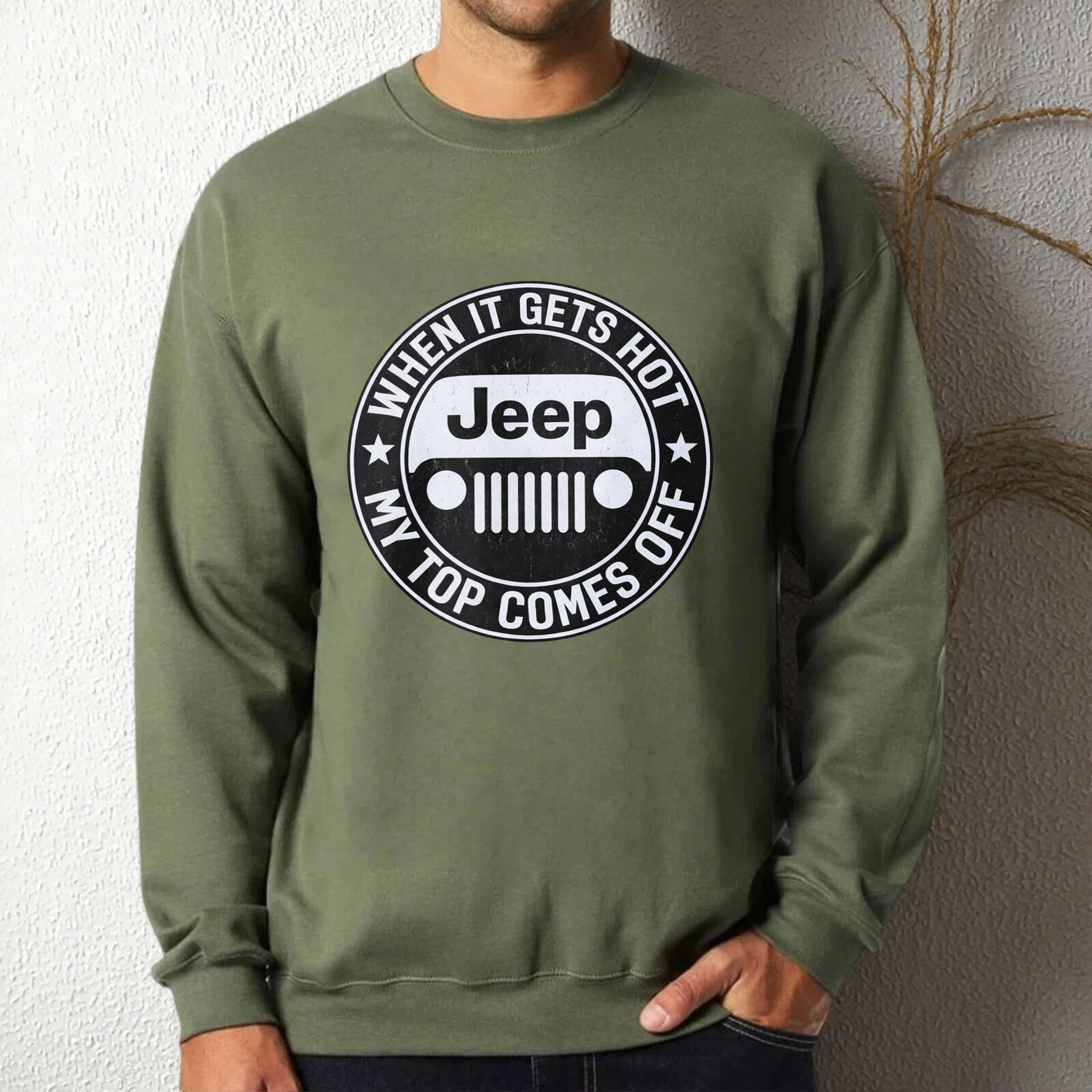 TEECURENT When It Gets Hot My Top Comes Off Jeep Sweatshirt Unisex Crewneck Pullover Long Sleeve Graphic Sweatshirt For Men Women Casual Streetwear Fashion Apparel