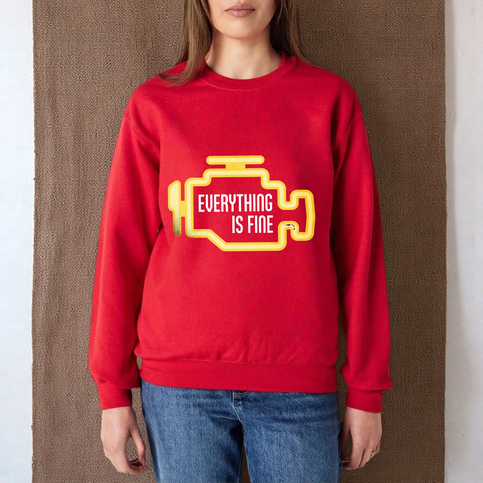 TEECURENT Everything Is Fine Sweatshirt Black With Yellow Graphic Design Casual Crewneck Pullover For Men Women Unisex Fashion Statement Top