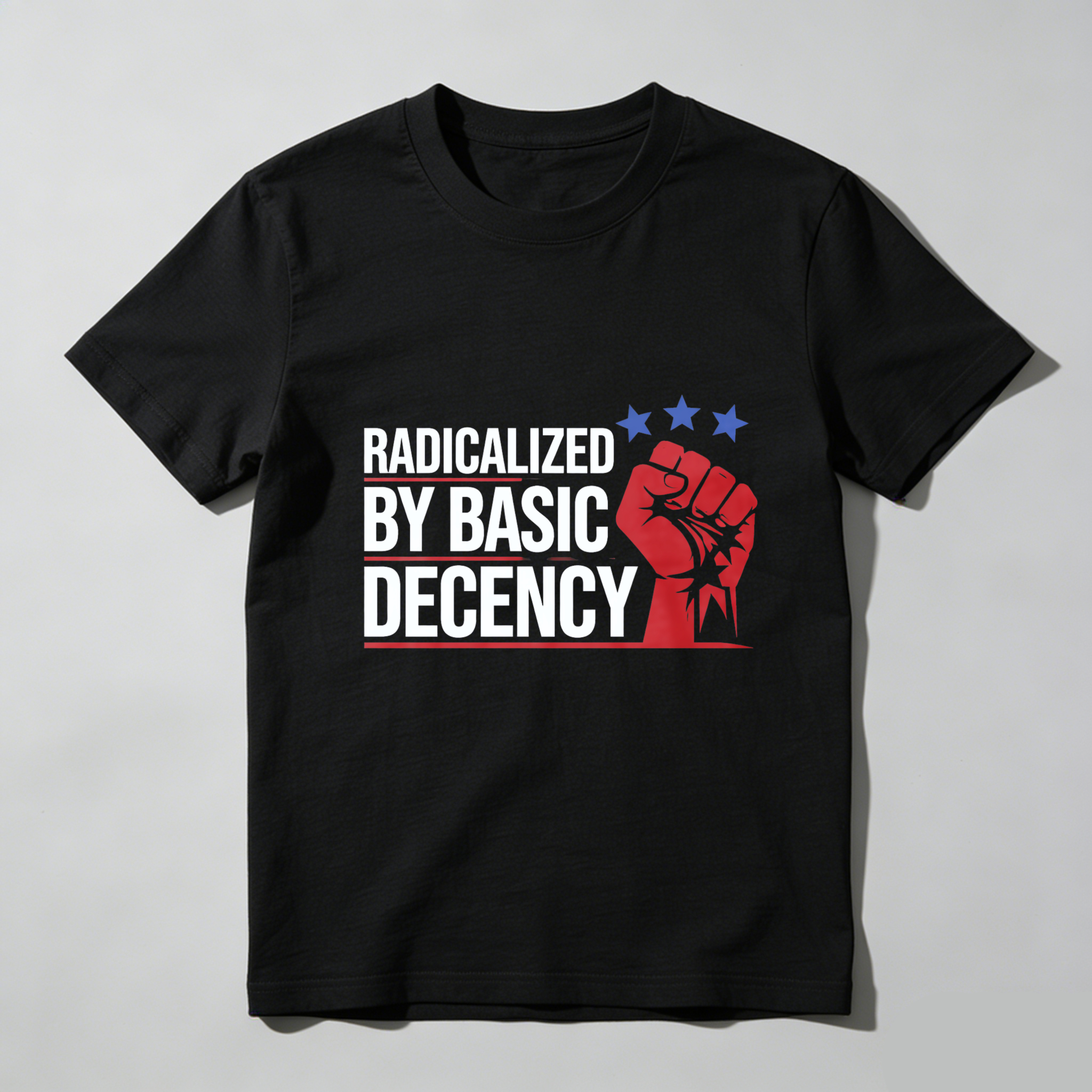 TEECURENTRadicalized By Basic Decency T Shirt With Fist Graphic And Stars Design For Men And Women-TeeCurent