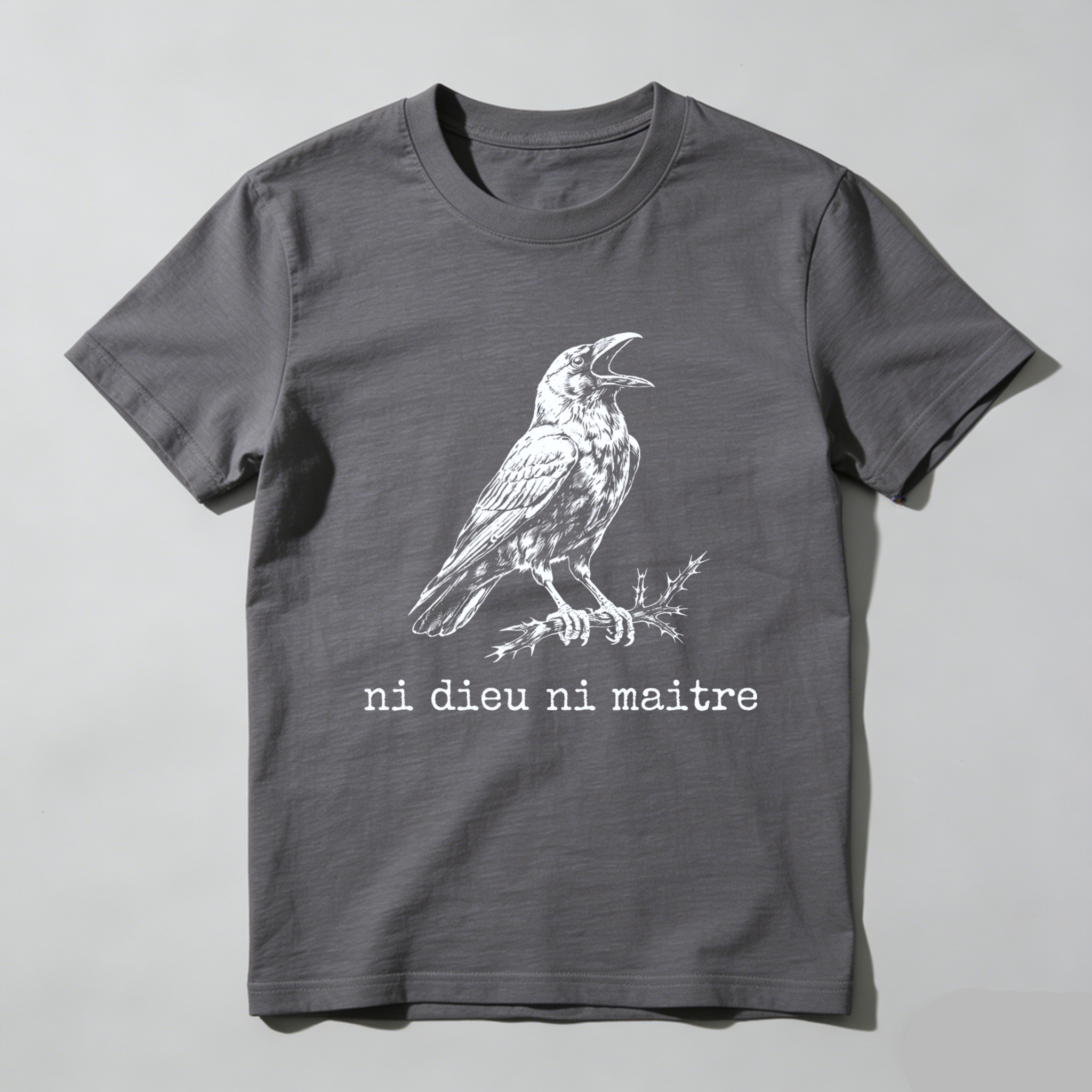 TEECURENTBlack T Shirt With Raven And Ni Dieu Ni Maitre Text For Men And Women-TeeCurent