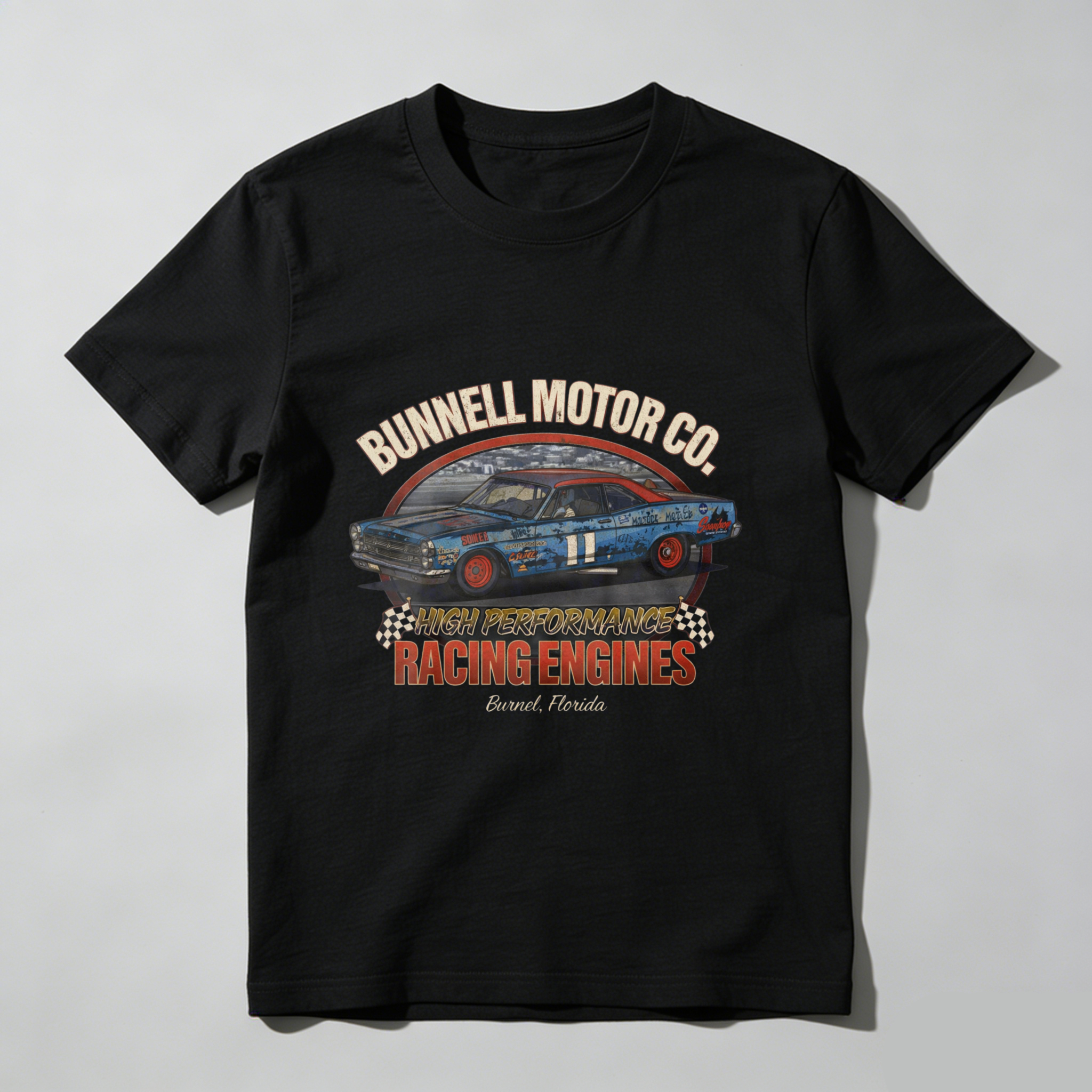 Bunnell Motor Co High Performance Racing Engines T-Shirt Classic Car Garage Logo Black Cotton Shirt For Men And Women