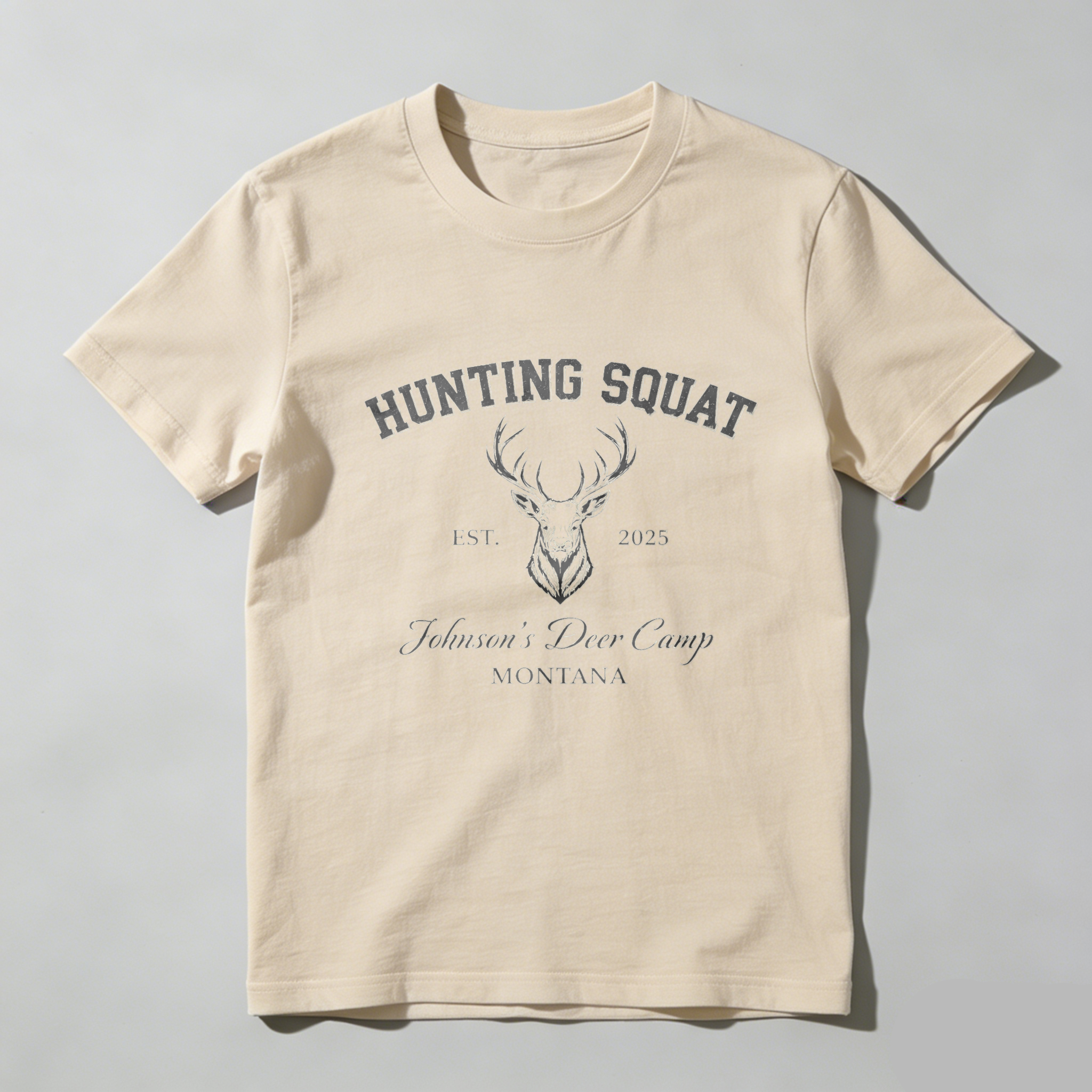 TEECURENT Hunting Squat Johnsons Deer Camp Montana Est 2025 T Shirt Black-TeeCurent