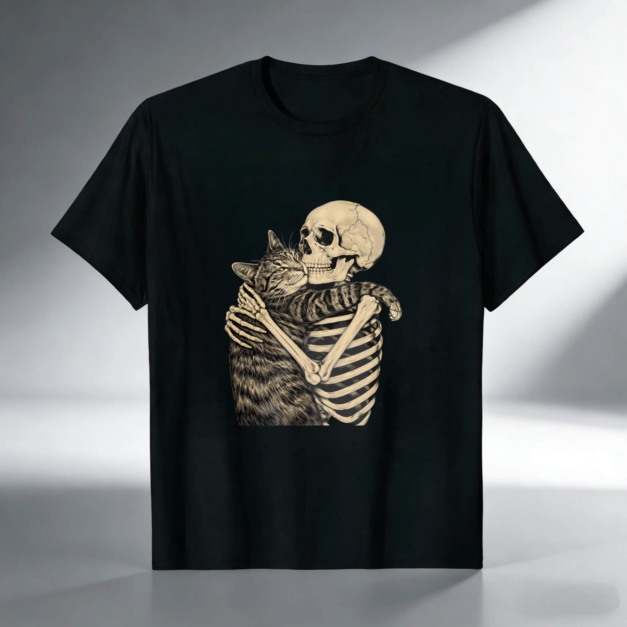 TEECURENT Skeleton Hugging Cat Graphic T Shirt Black Unisex Design Artistic Print Casual Wear