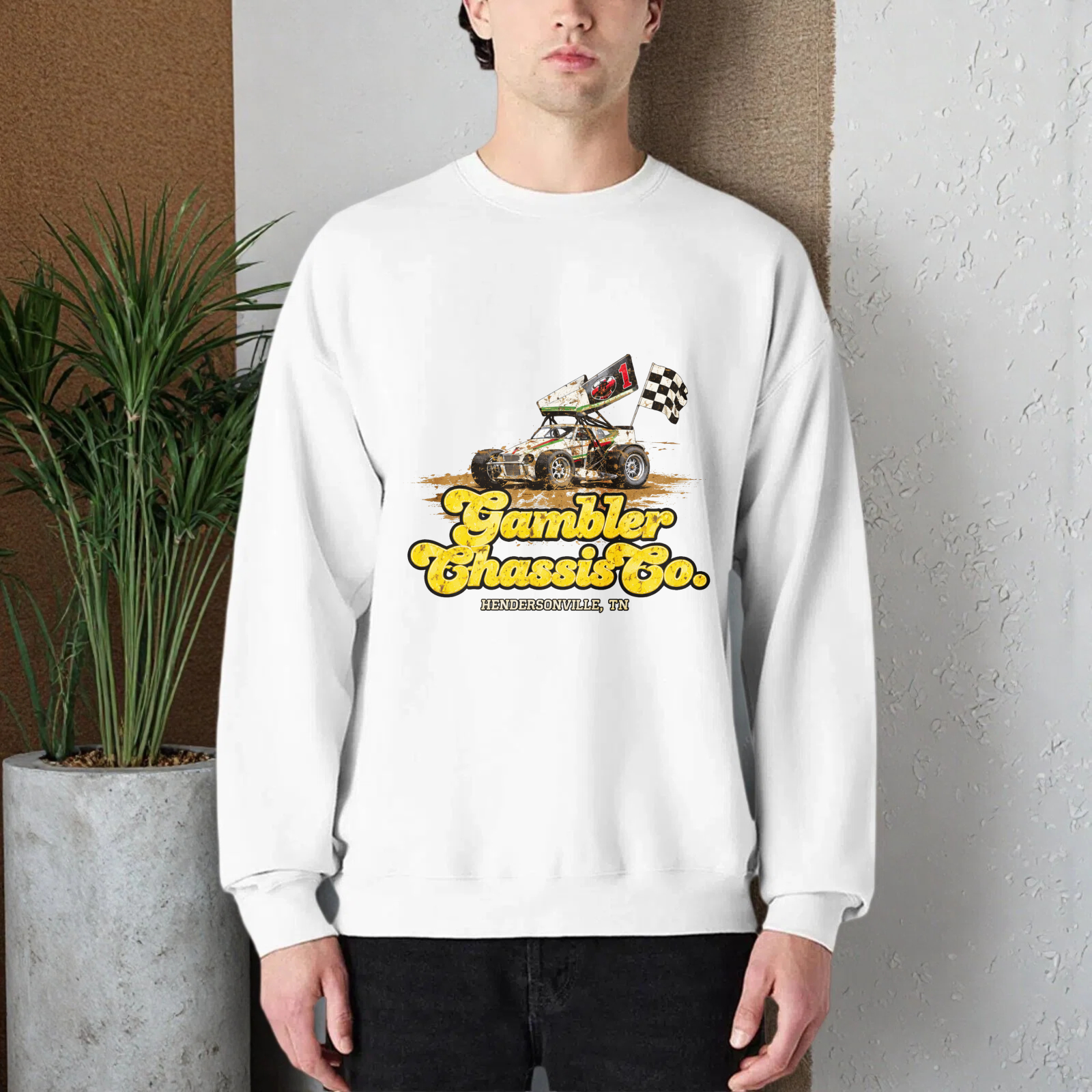 TEECURENT Gambler Chassis Co Racing Car Sweatshirt Hendersonville Tn Vintage Style Graphic Pullover Black Crewneck Long Sleeve Top