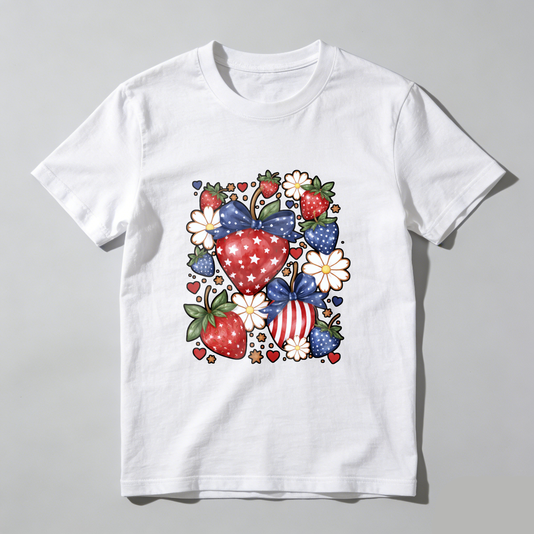 TEECURENT Patriotic Strawberry Heart Design American Flag Theme T Shirt Independence Day Celebration Apparel Red White Blue Stars And Stripes Fruit Pattern Casual Wear For Men Women Unisex Fashion Top WOMEN