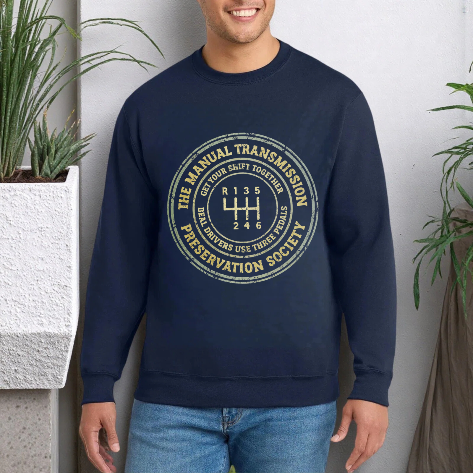 TEECURENT Manual Transmission Preservation Society Sweatshirt Black Crewneck Graphic Pullover For Car Enthusiasts With Gear Shift Design