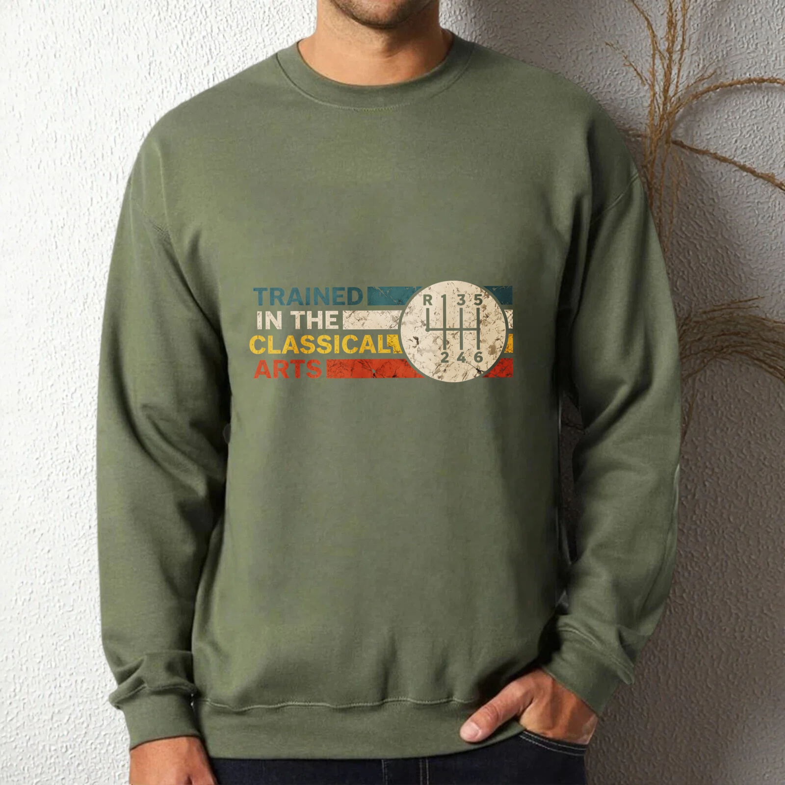 TEECURENT Trained In The Classical Arts Sweatshirt With Gear Shift Design Black Crewneck Pullover