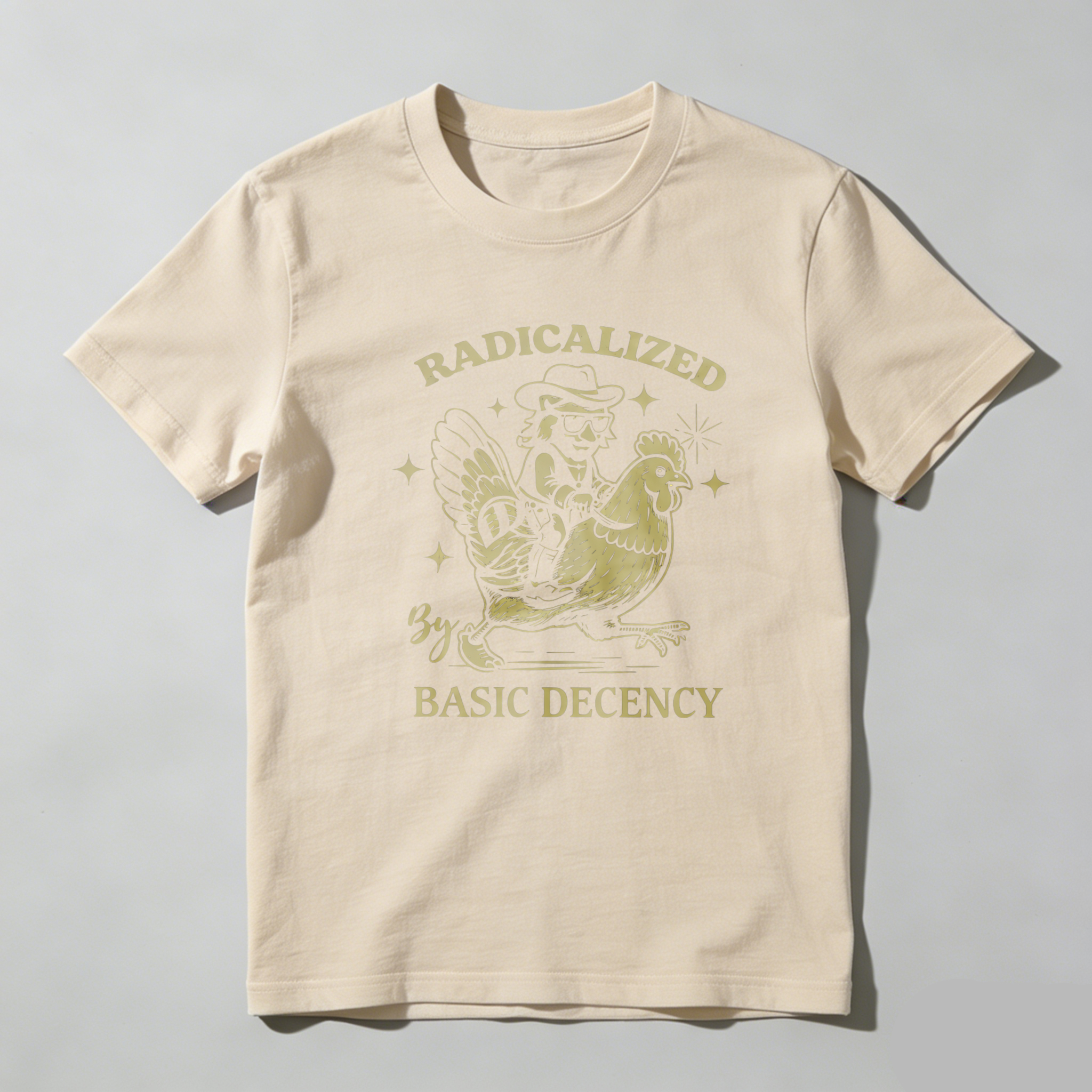 TEECURENTRadicalized By Basic Decency T Shirt With Chicken And Cowboy Graphic Design Black Cotton Men Women Unisex Apparel-TeeCurent