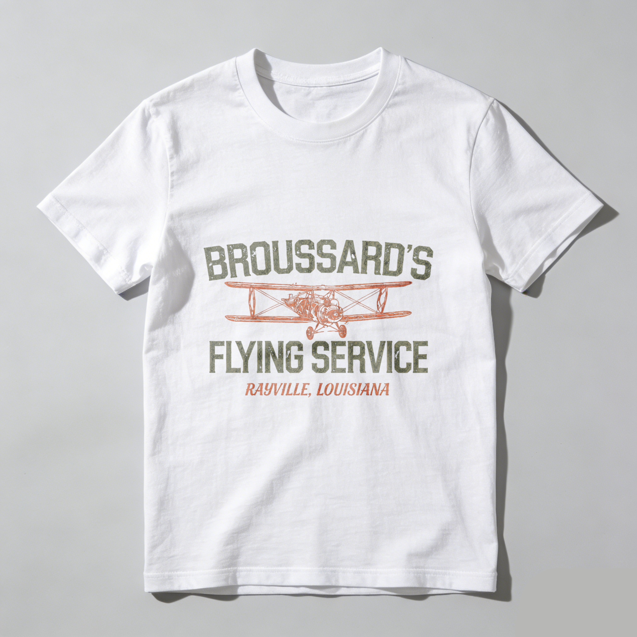 Broussards Flying Service T-Shirt Rastville Louisiana Vintage Airplane Design Men's Black Cotton Shirt
