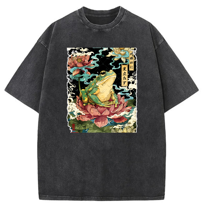 Frog On Lotus Flower With Japanese Text tshirt 100% cotton