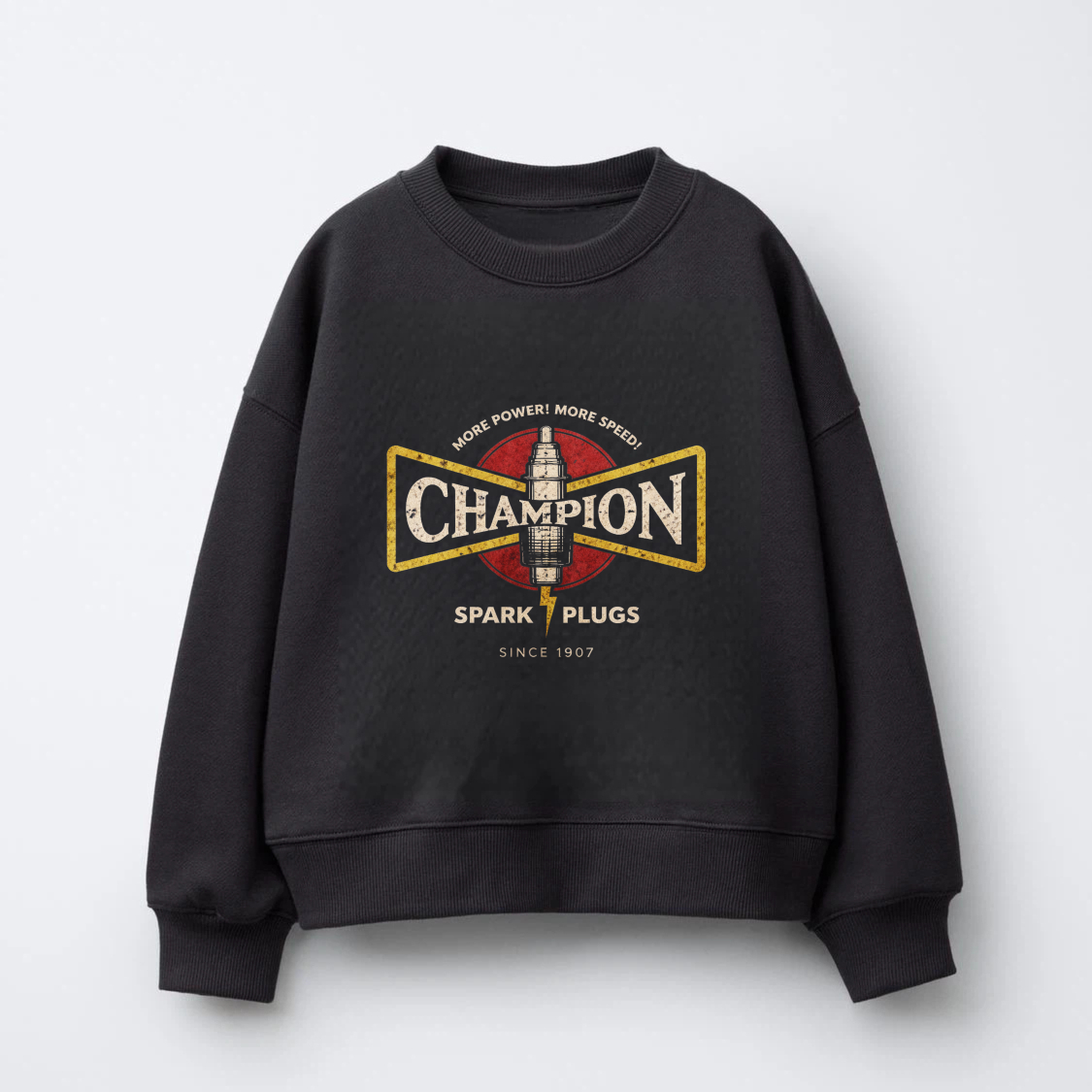 TEECURENT Champion Spark Plugs Vintage Logo Crewneck Sweatshirt Black Unisex Casual Sweatshirt With Classic Automotive Design