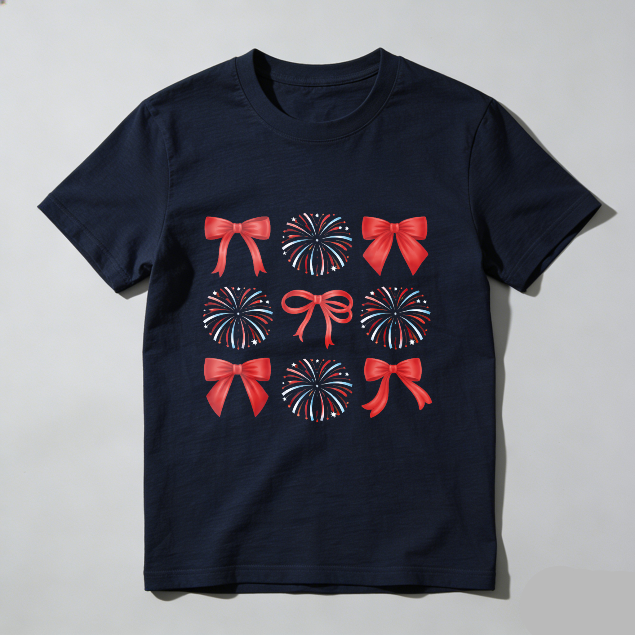 TEECURENT Patriotic Fireworks And Red Bows Design T Shirt For Independence Day Celebration WOMEN