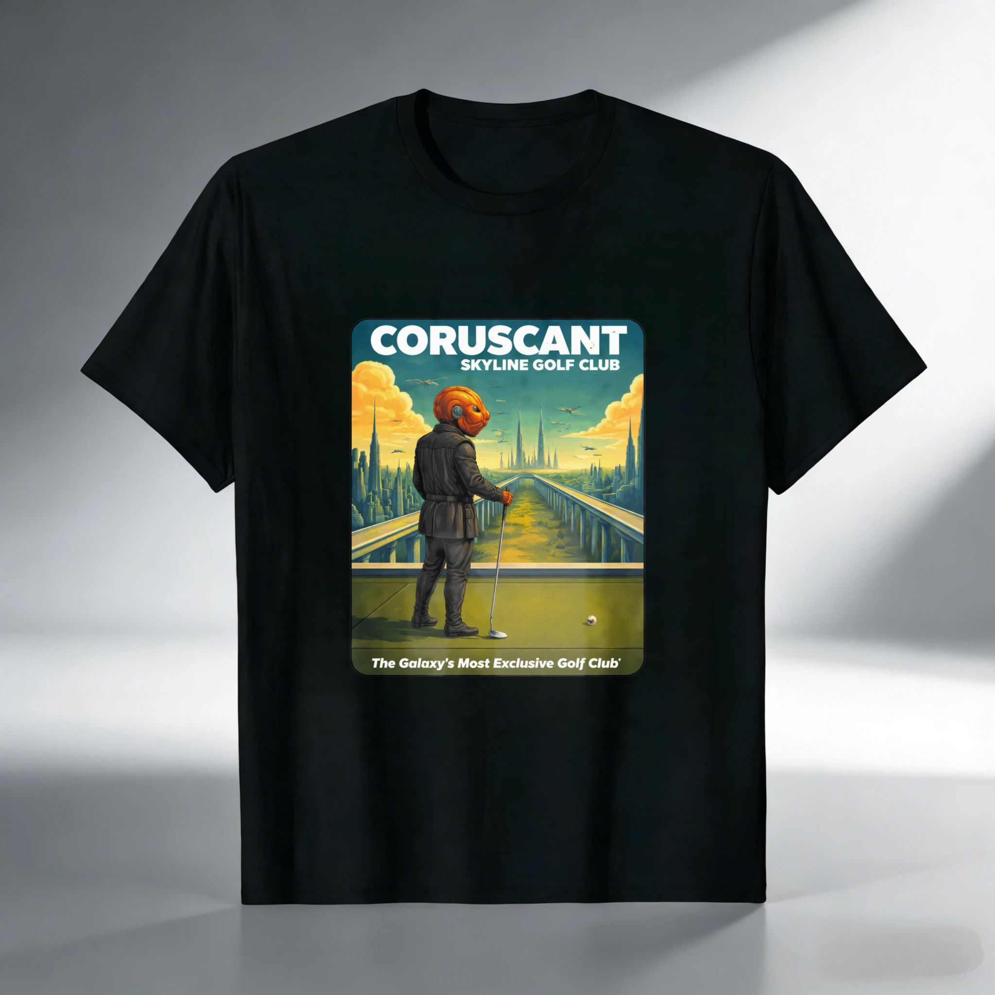 TEECURENT Coruscant Skyline Golf Club Star Wars Inspired T-Shirt Galaxy Exclusive Golf Course Design Black Men's Shirt