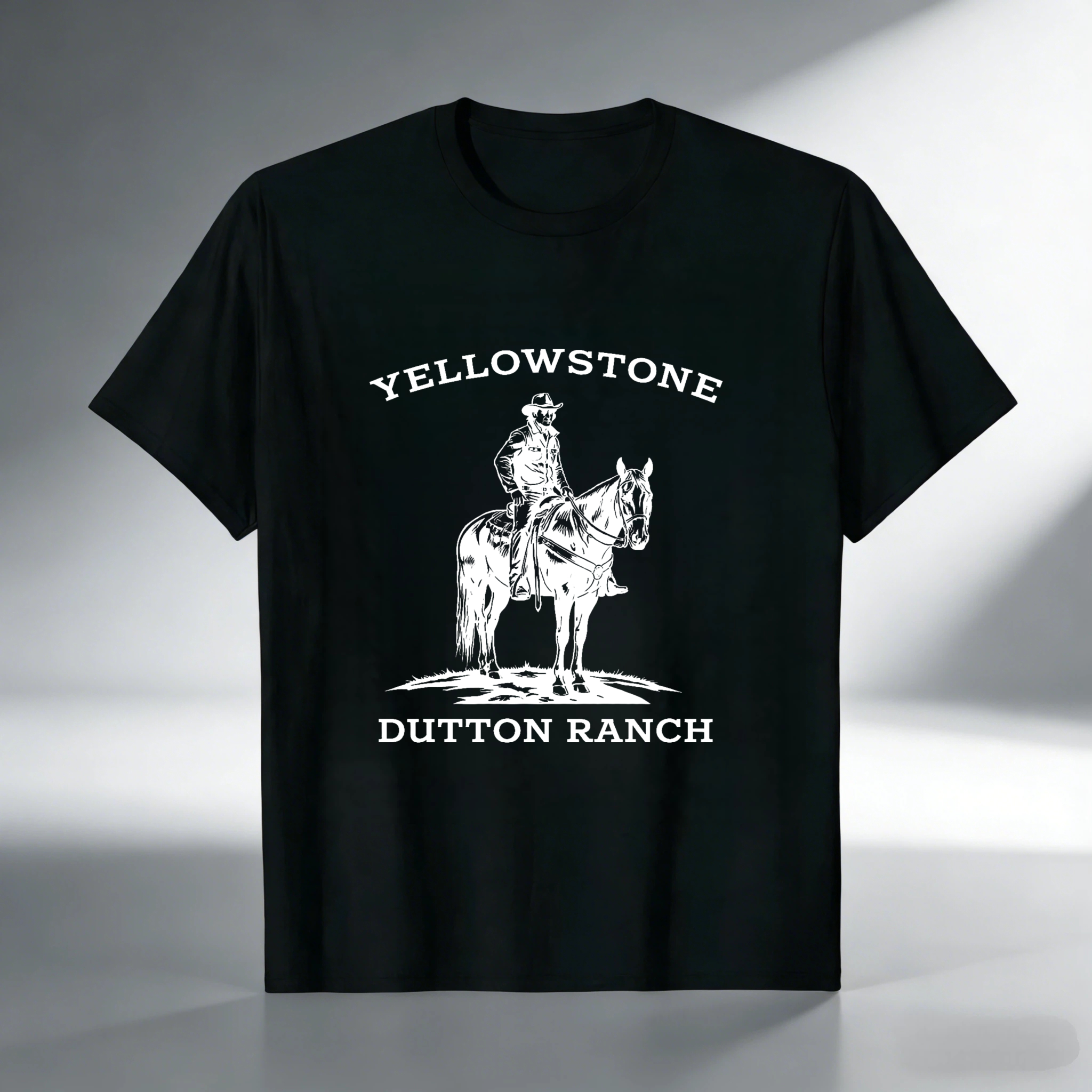 TEECURENT Yellowstone Dutton Ranch Cowboy Horse Rider T-Shirt Black Cotton Men Women Unisex Western Style Graphic Tee Shirt