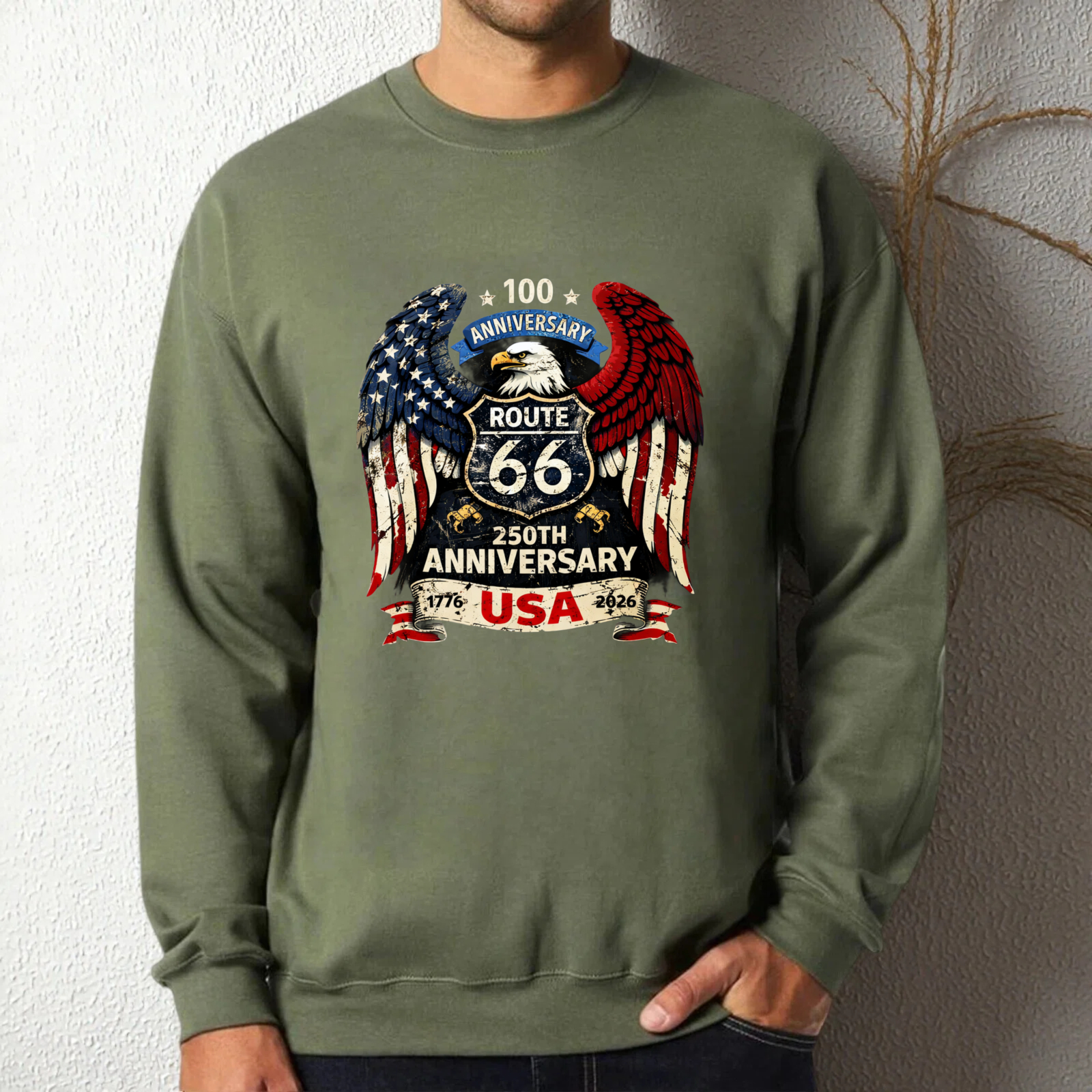 Route 66 100th Anniversary Usa 250th Anniversary Eagle American Flag Sweatshirt