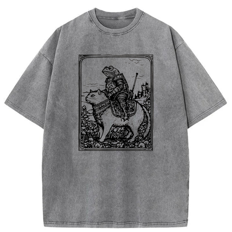 Knight Riding Cat With Castle Background tshirt 100% cotton