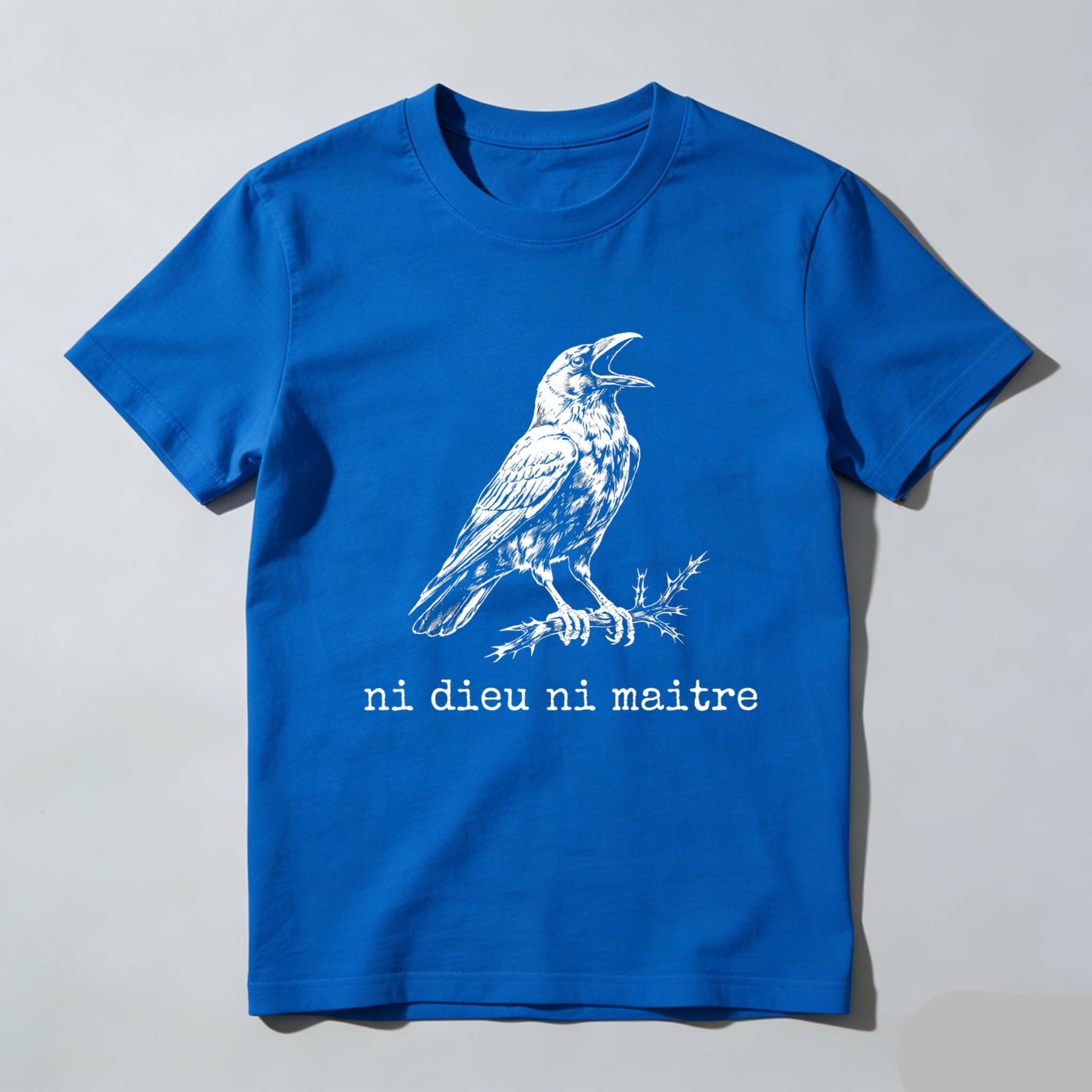 TEECURENTBlack T Shirt With Raven And Ni Dieu Ni Maitre Text For Men And Women-TeeCurent