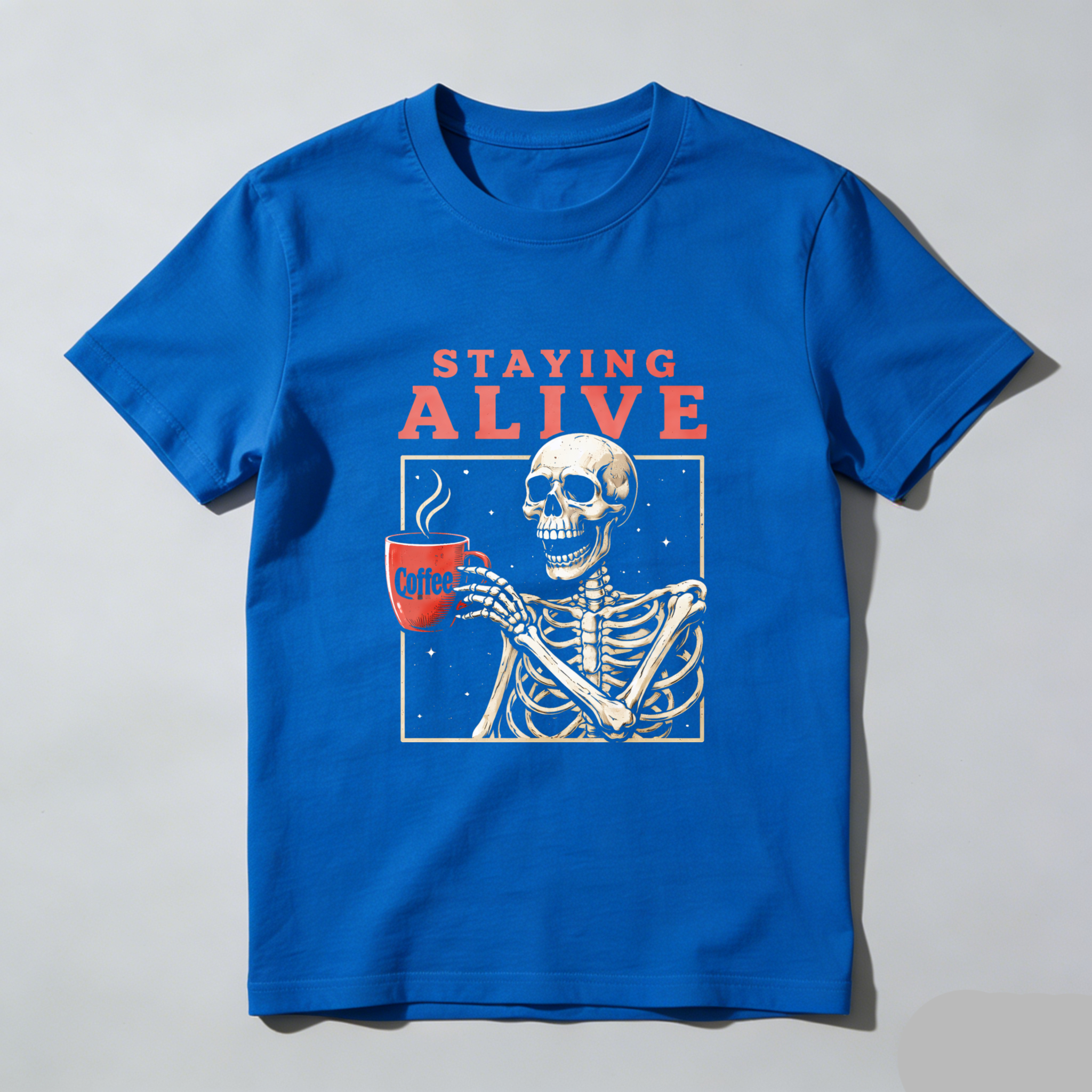 TEECURENT Staying Alive Skeleton Coffee Mug T-Shirt Funny Halloween Gift For Coffee Lovers WOMEN