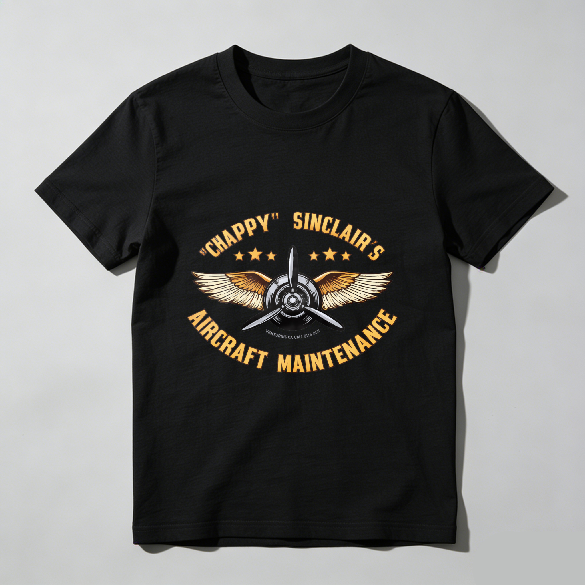 Chappy Sinclairs Aircraft Maintenance T Shirt Aviation Inspired Design With Wings And Propeller Graphic For Flight Enthusiasts