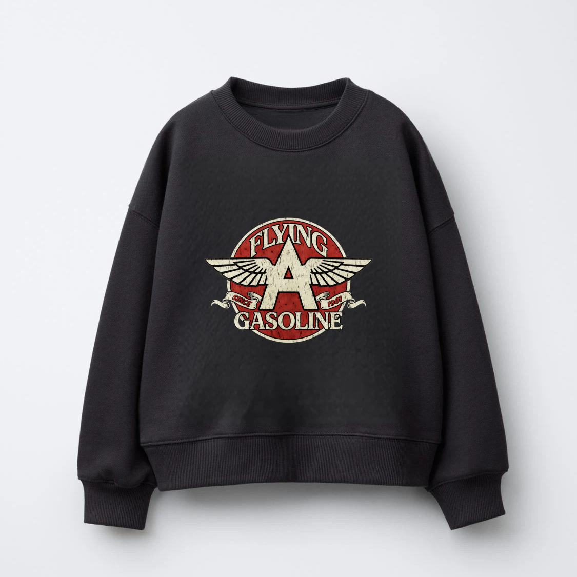 TEECURENT Flying A Gasoline Logo Sweatshirt Unisex Crewneck Pullover Black Vintage Style Graphic Sweatshirt