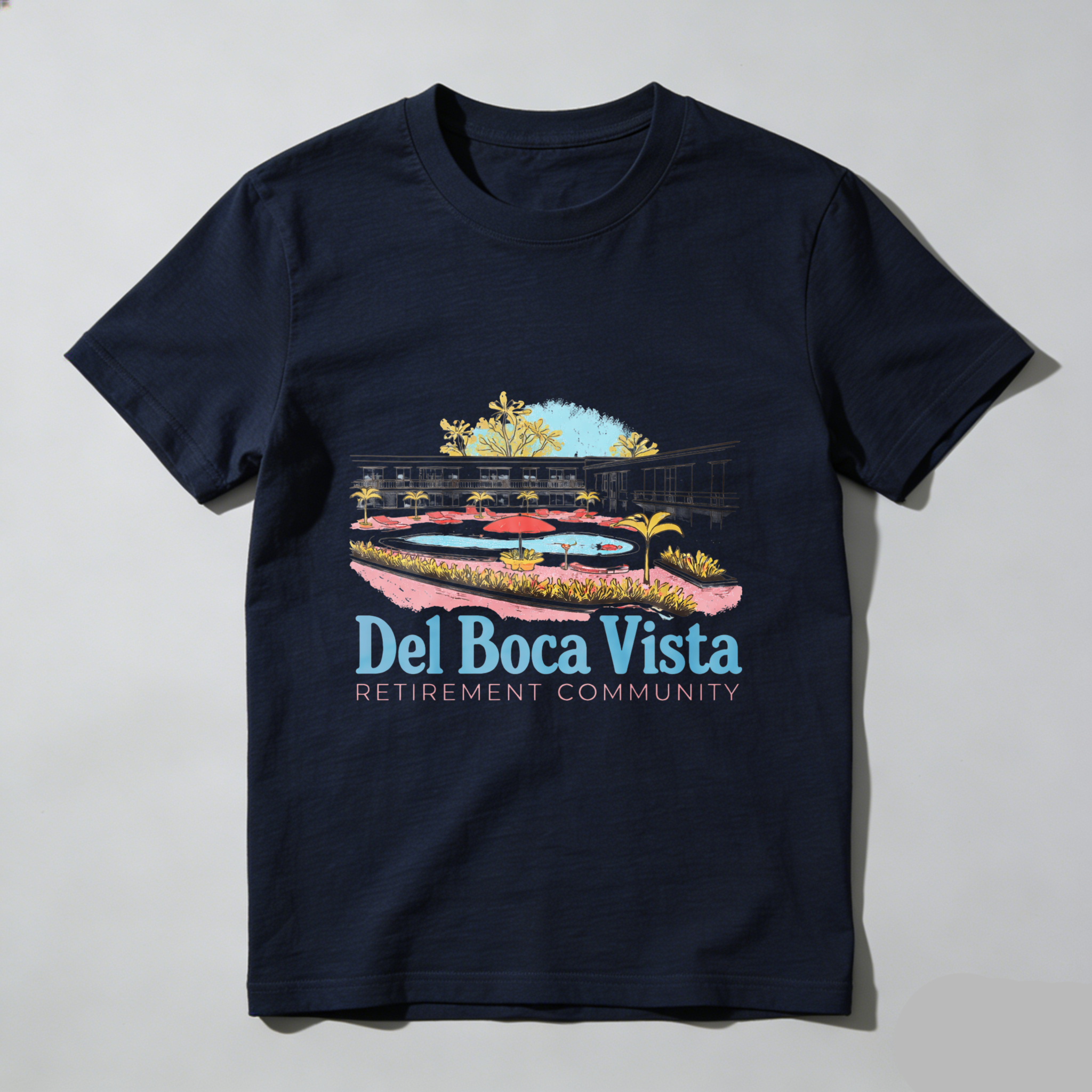 TEECURENT Del Boca Vista Retirement Community T-Shirt With Resort Design And Palm Trees Graphic
