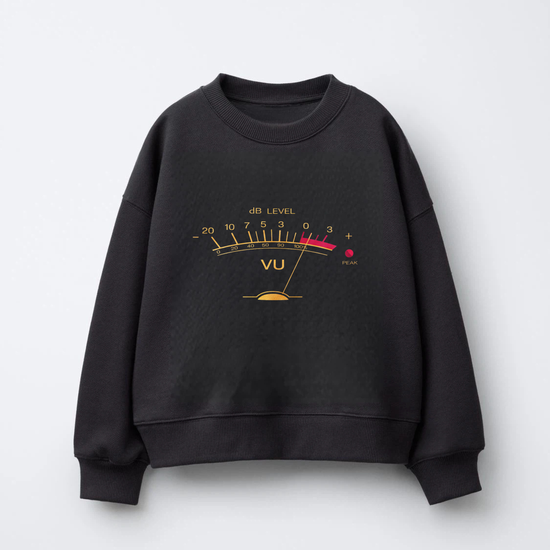 TEECURENT Black Sweatshirt With VU Meter Design Audio Level Gauge Graphic Unisex Crewneck Pullover Casual Wear For Music Lovers