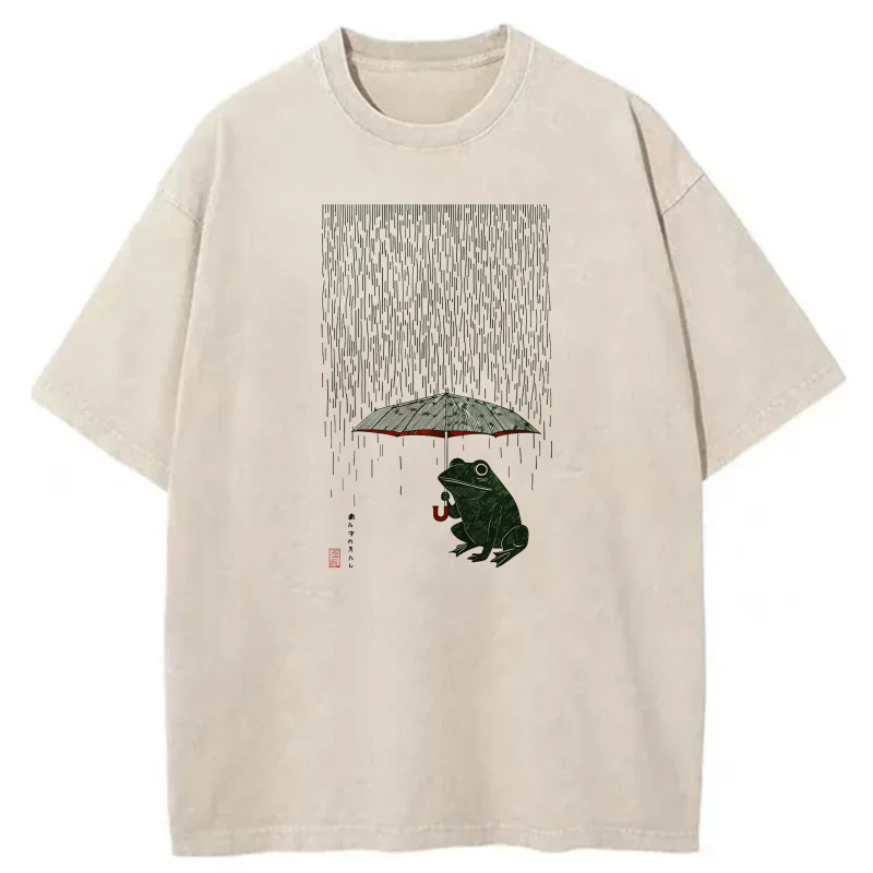 Frog Under Umbrella In Rainy Scene tshirt 100% cotton
