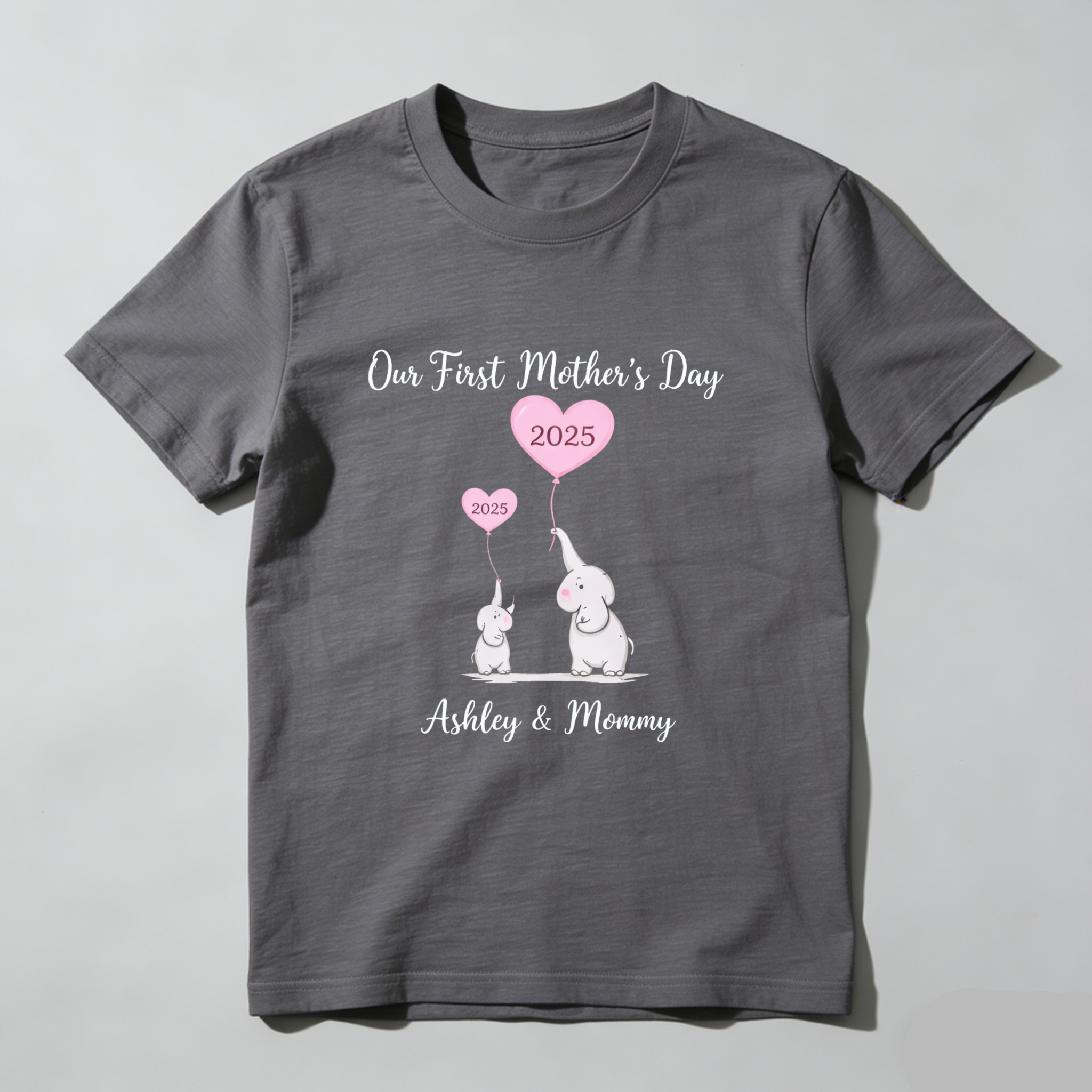 TEECURENT Our First Mothers Day 2025 Elephant Mom And Baby Shirt Ashley And Mommy Custom Motherhood Gift T-Shirt WOMEN