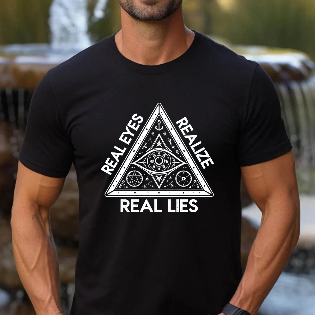 TEECURENT  Real Eyes Realize Real Lies Pyramid Eye Symbol(7) TEECURENT