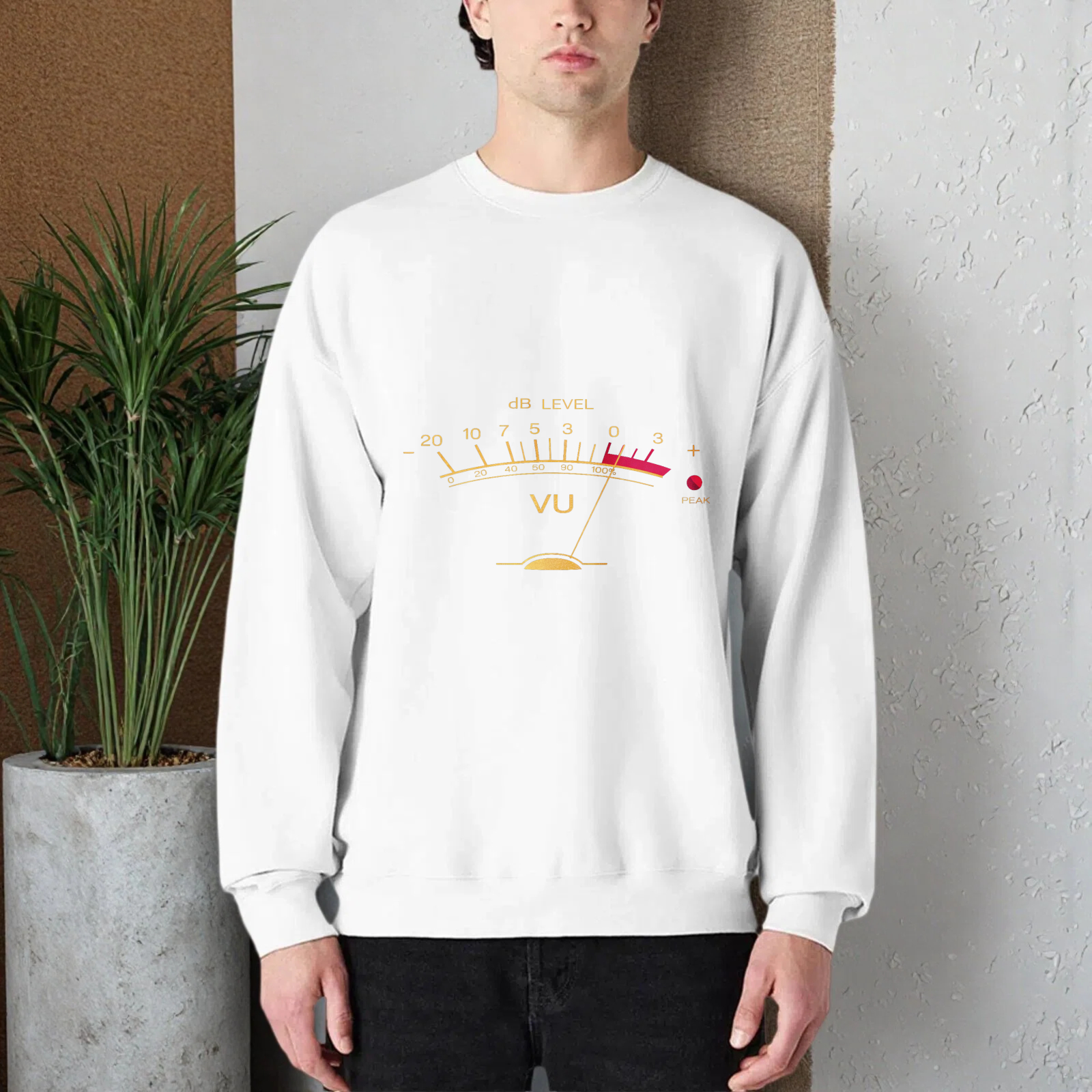 TEECURENT Black Sweatshirt With VU Meter Design Audio Level Gauge Graphic Unisex Crewneck Pullover Casual Wear For Music Lovers