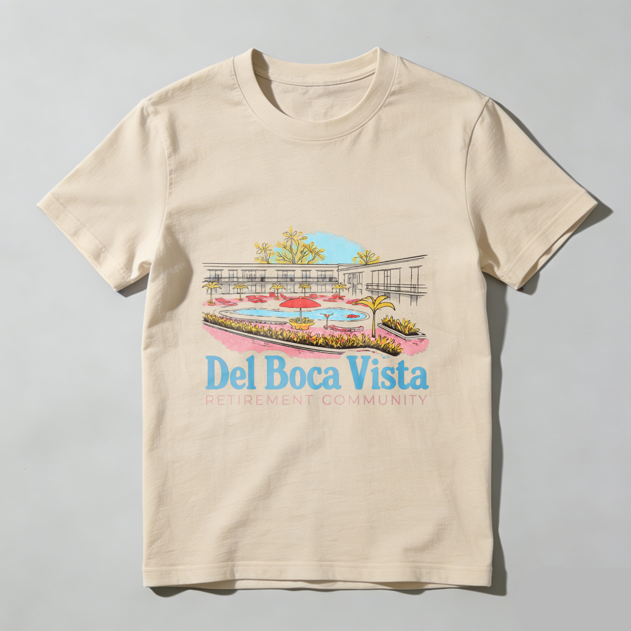 TEECURENT Del Boca Vista Retirement Community T-Shirt With Resort Design And Palm Trees Graphic