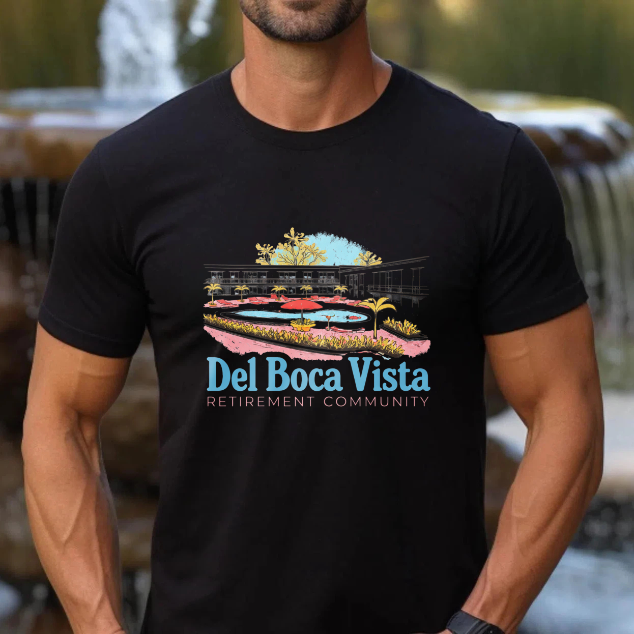 TEECURENT Del Boca Vista Retirement Community T-Shirt With Resort Design And Palm Trees Graphic
