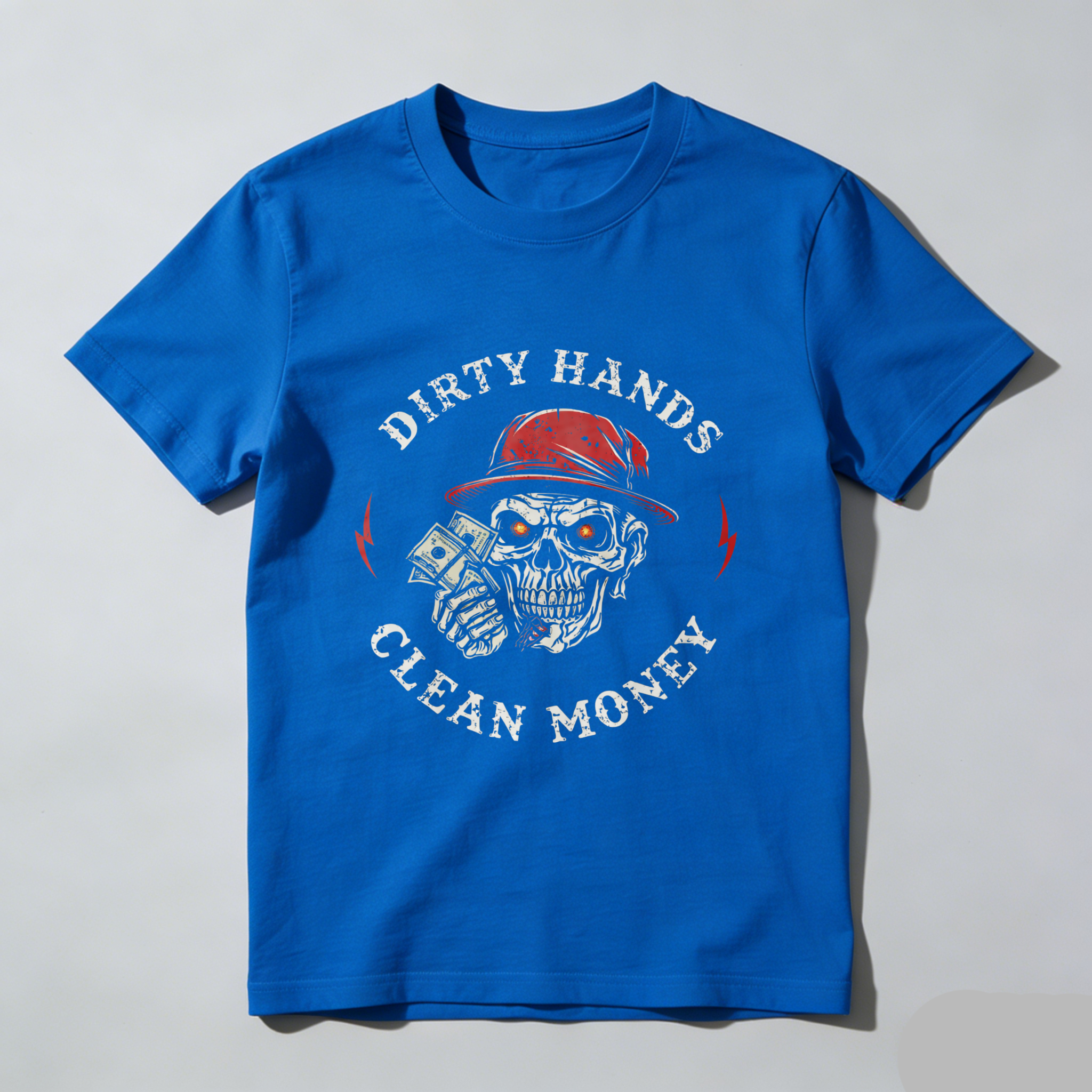 TEECURENT Dirty Hands Clean Money Skull T Shirt With Red Hat And Money Graphic Design For Men And Women