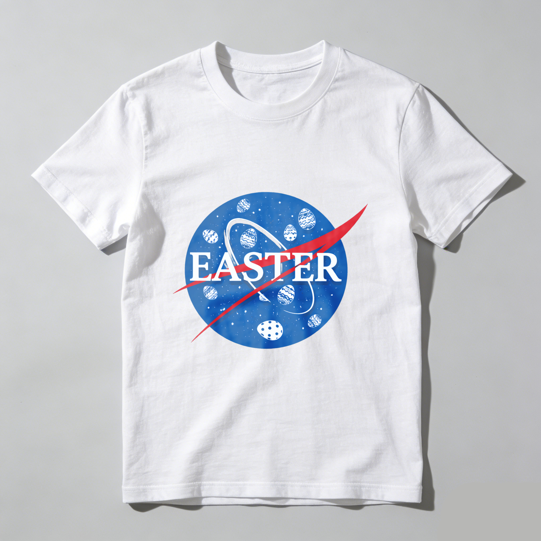 TEECURENT Easter Space Theme T-Shirt With Egg Pattern And Nasa Style Logo Design For Easter Celebration