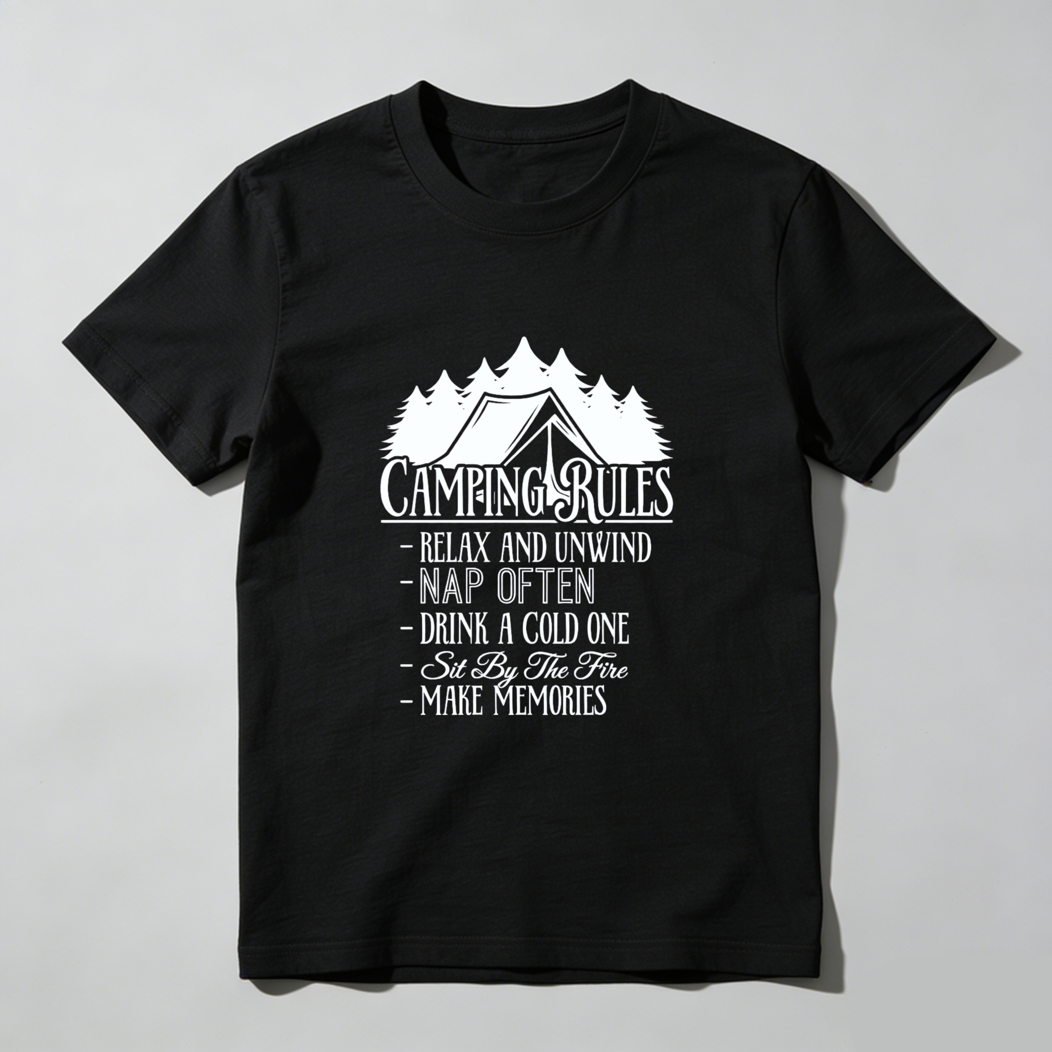 TEECURENT Camping Rules T Shirt Relax And Unwind Nap Often Drink A Cold One Sit By The Fire Make Memories Outdoor Adventure Tee WOMEN