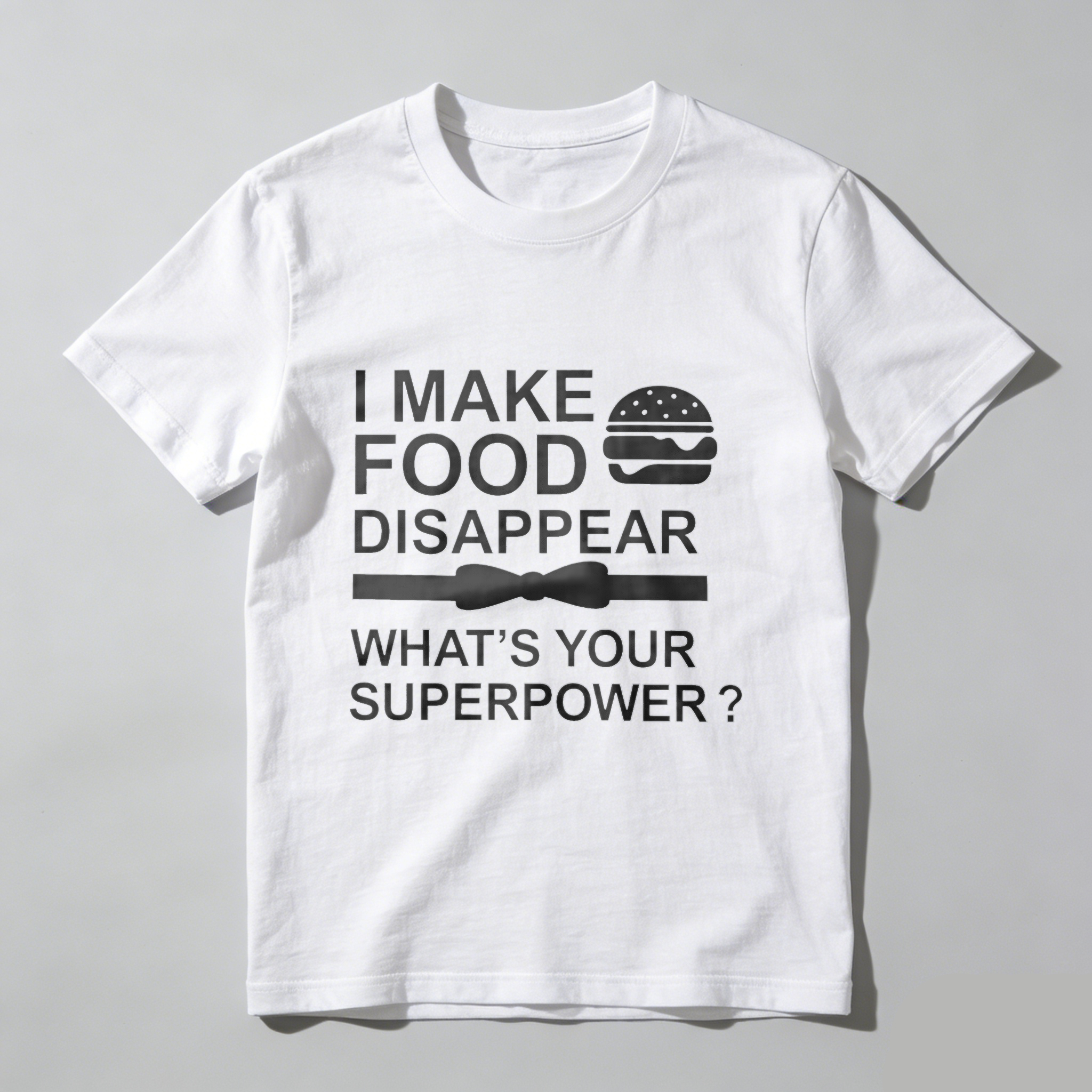 TEECURENT I Make Food Disappear What Is Your Superpower Funny T-Shirt For Men Women Humor Gift Shirt With Burger Graphic And Bow Tie Design WOMEN