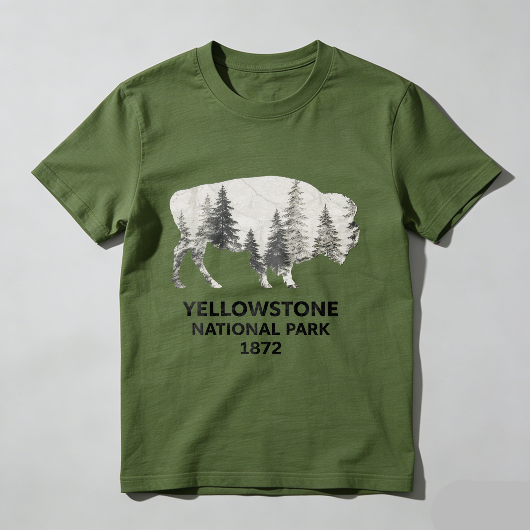 TEECURENT Yellowstone National Park Bison Forest Design T-Shirt 1872 Wildlife Nature Graphic Men's Black Shirt
