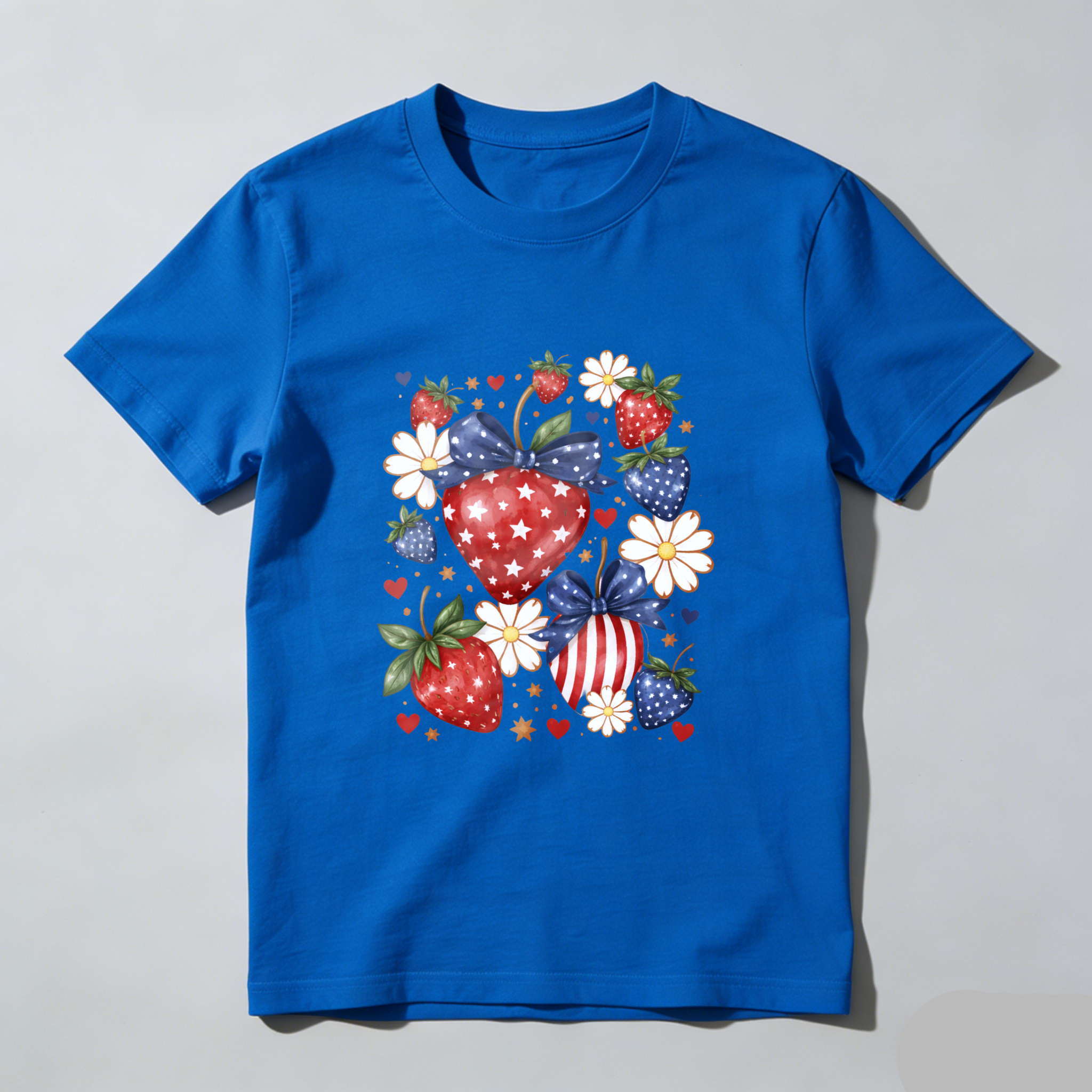 TEECURENT Patriotic Strawberry Heart Design American Flag Theme T Shirt Independence Day Celebration Apparel Red White Blue Stars And Stripes Fruit Pattern Casual Wear For Men Women Unisex Fashion Top WOMEN