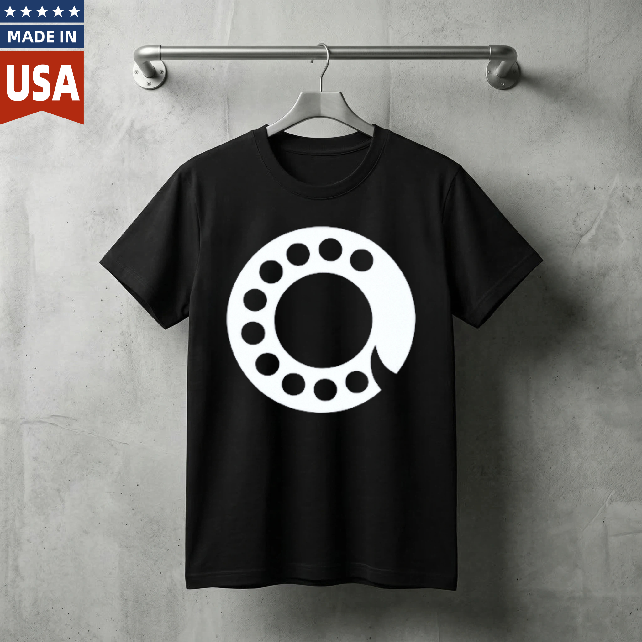 Made In Usa Black T Shirt With White Circular Pattern Design For Men And Women Casual Wear Fashion Statement Top