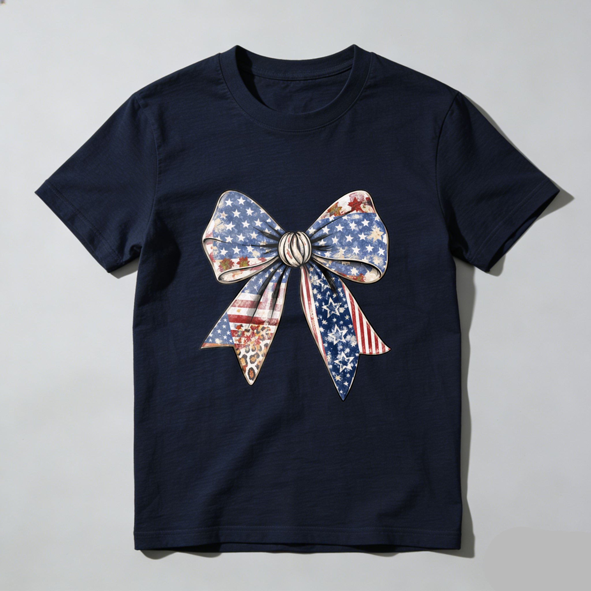 TEECURENT Patriotic American Flag Bow T-Shirt With Stars And Stripes Design For Independence Day Celebration WOMEN